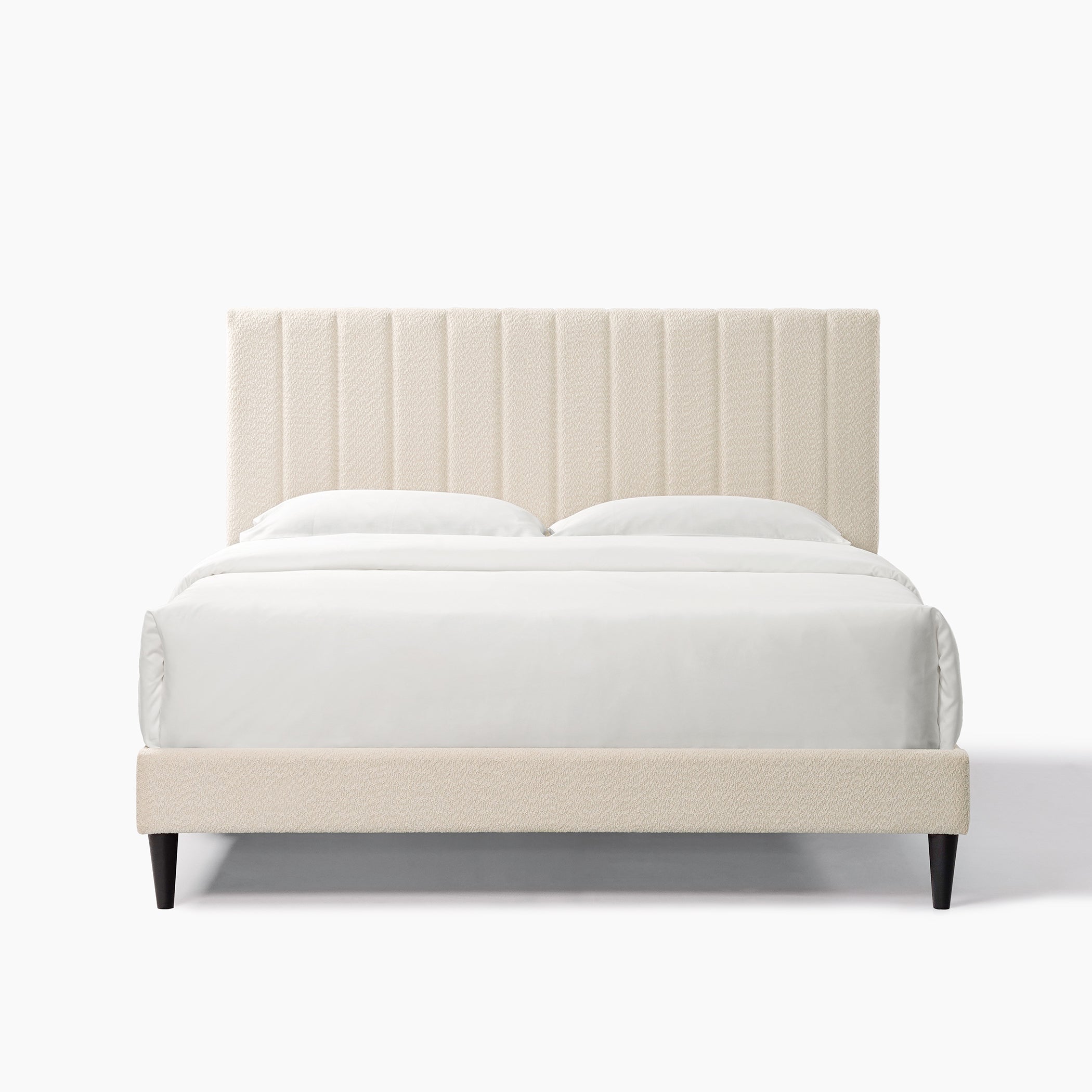 Cream White Upholstered Queen Platform Bed Frame, Tufted Channel Headboard, Mid-Century Bedroom Furniture, No Box Spring Required, Bed Frame Wood Slats, Modern Soft Boucle