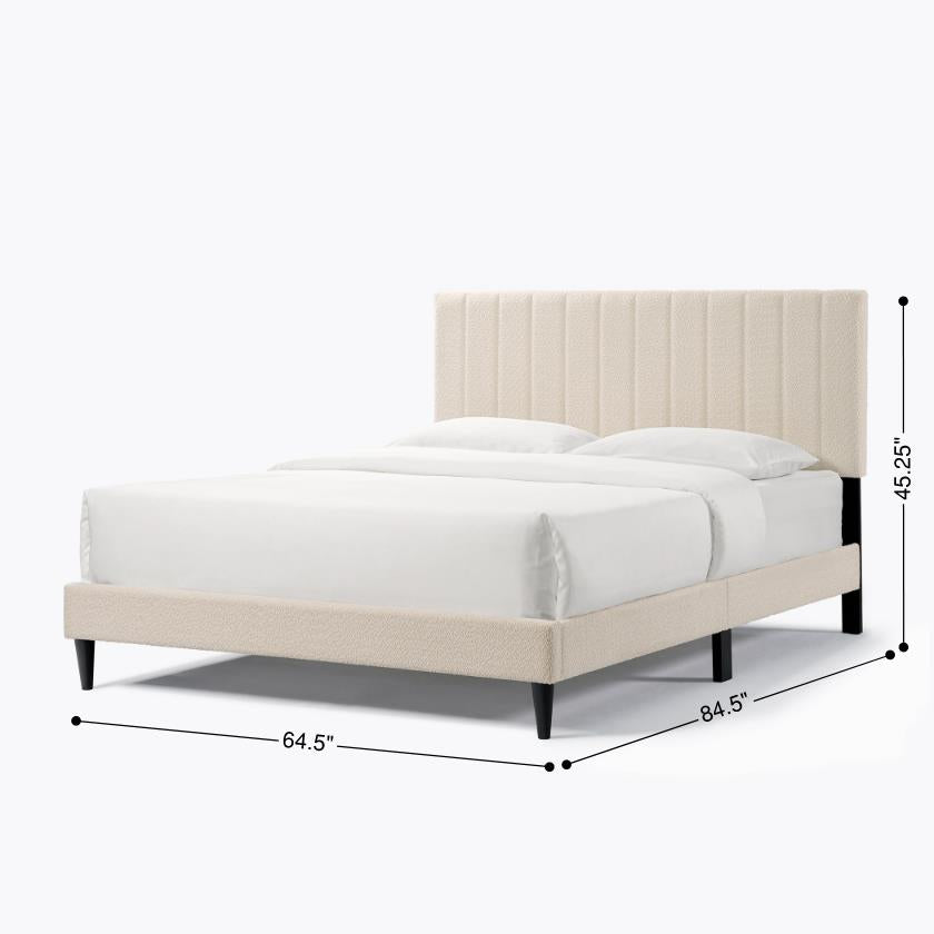 Cream White Upholstered Queen Platform Bed Frame, Tufted Channel Headboard, Mid-Century Bedroom Furniture, No Box Spring Required, Bed Frame Wood Slats, Modern Soft Boucle