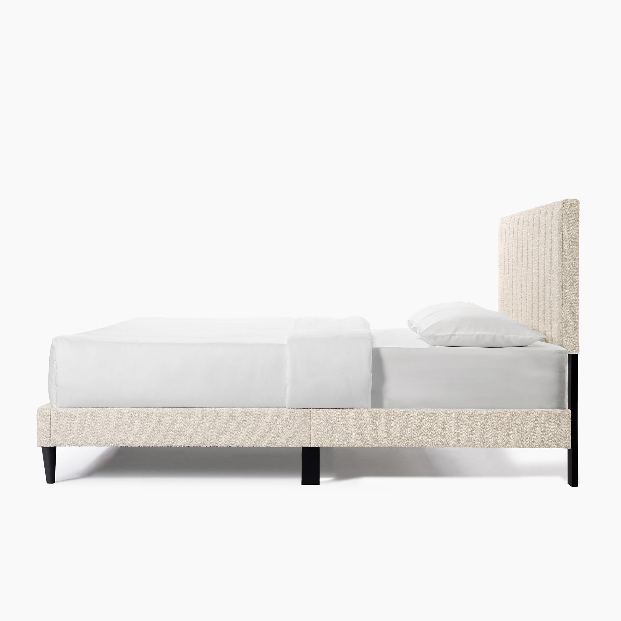 Cream White Upholstered Queen Platform Bed Frame, Tufted Channel Headboard, Mid-Century Bedroom Furniture, No Box Spring Required, Bed Frame Wood Slats, Modern Soft Boucle