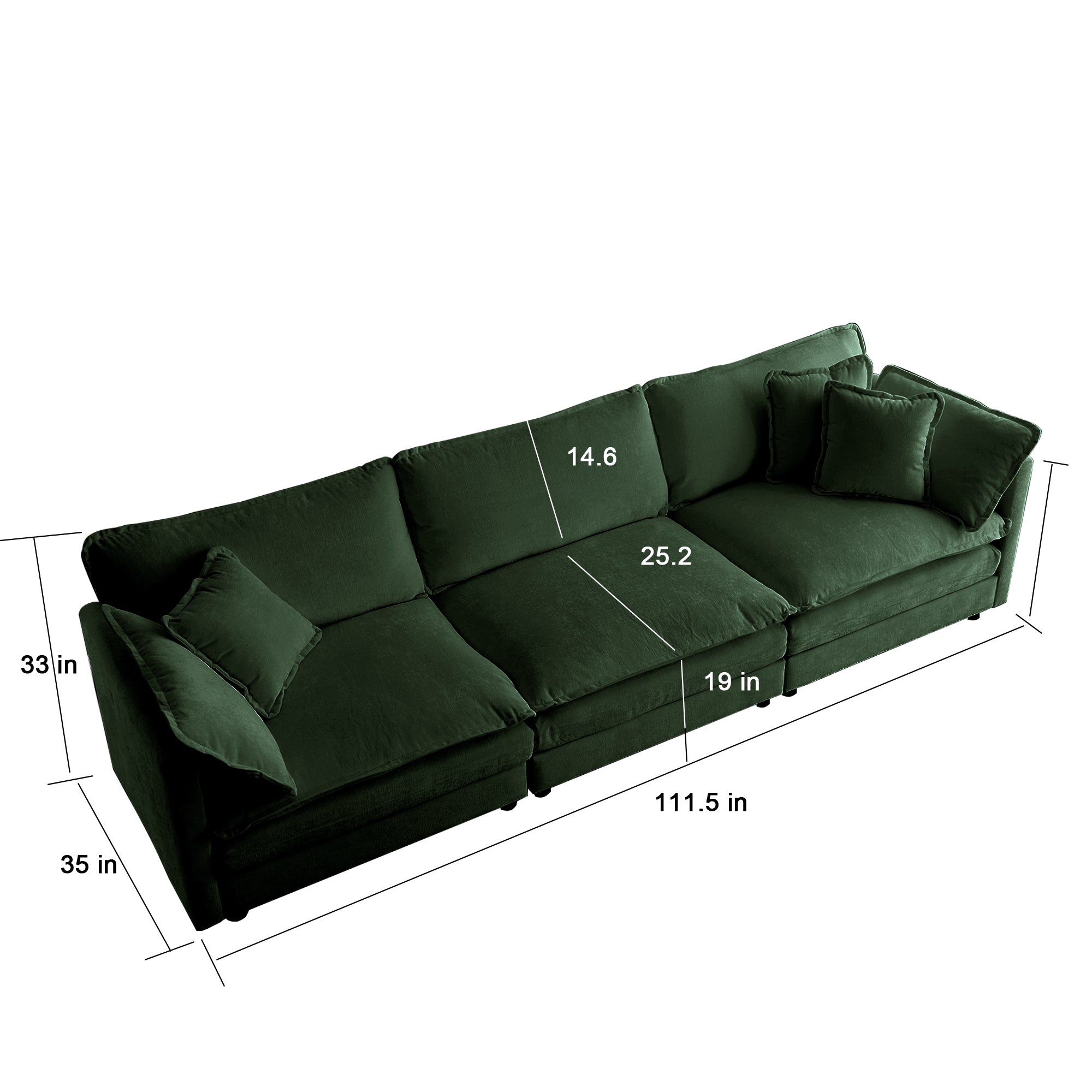 Anchorage 111.5" Mid-Century Chenille 3-Seater Modular Sofa with Toss Pillows, Green