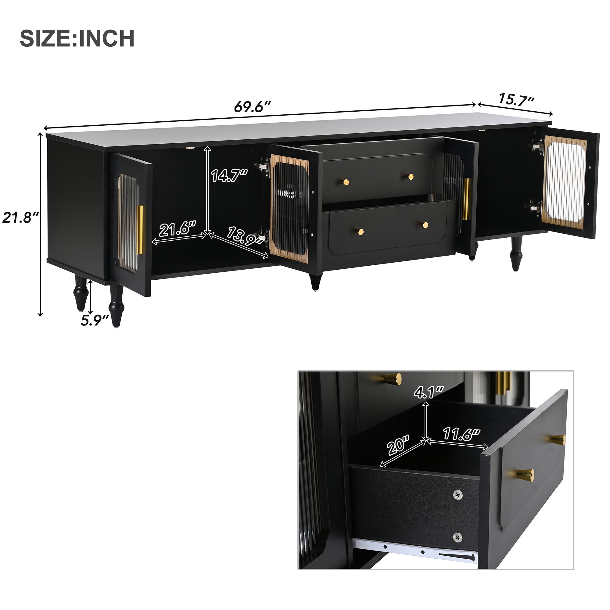 Retro Design TV Stand with Fluted Glass Doors for TVs Up to 78'', Practical Media Console with 2 Drawers and Cabinets, Elegant Entertainment Center for Living Room, Black
