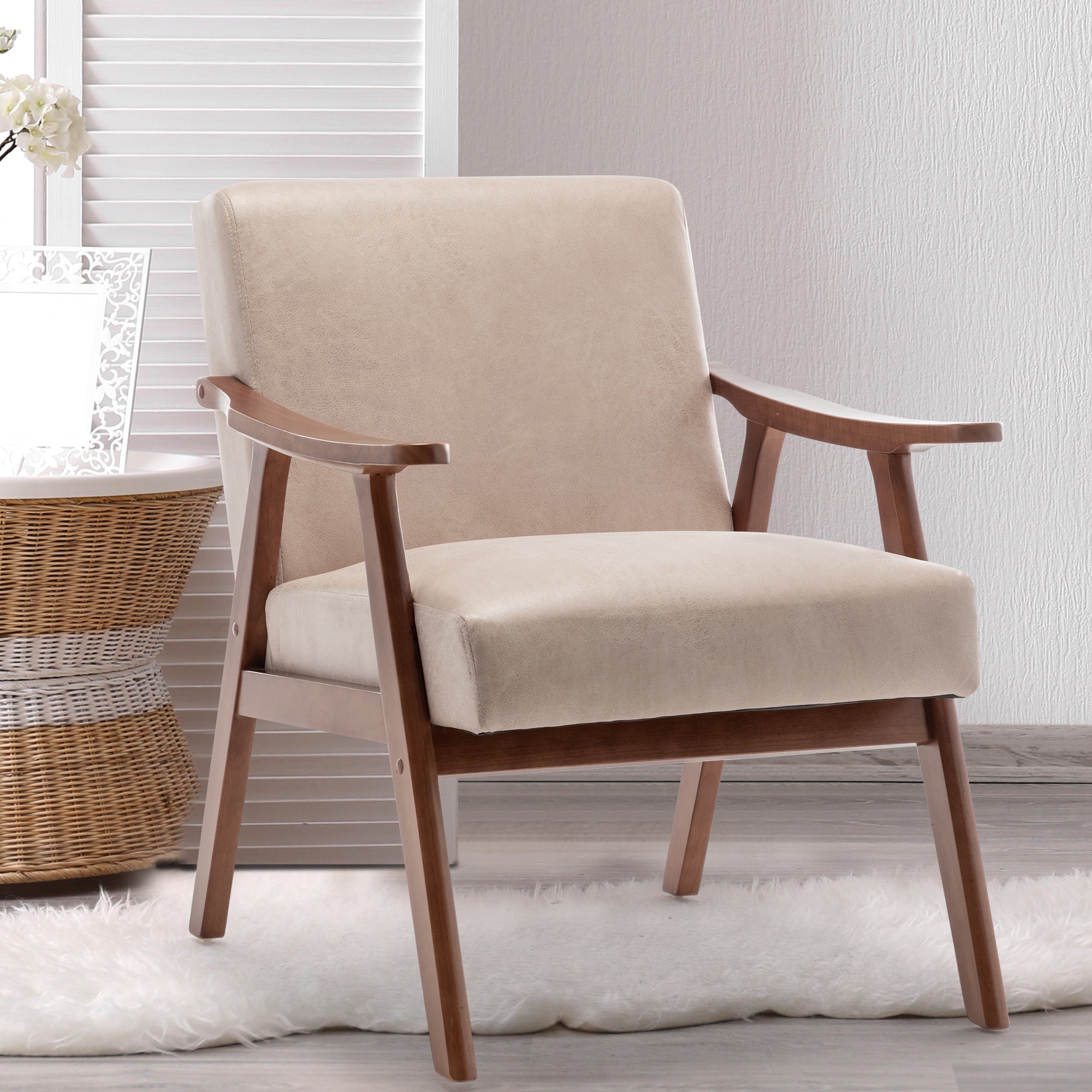 Aden Mid Century Modern Accent Chair with Solid Wood Frame and Thick Backrest