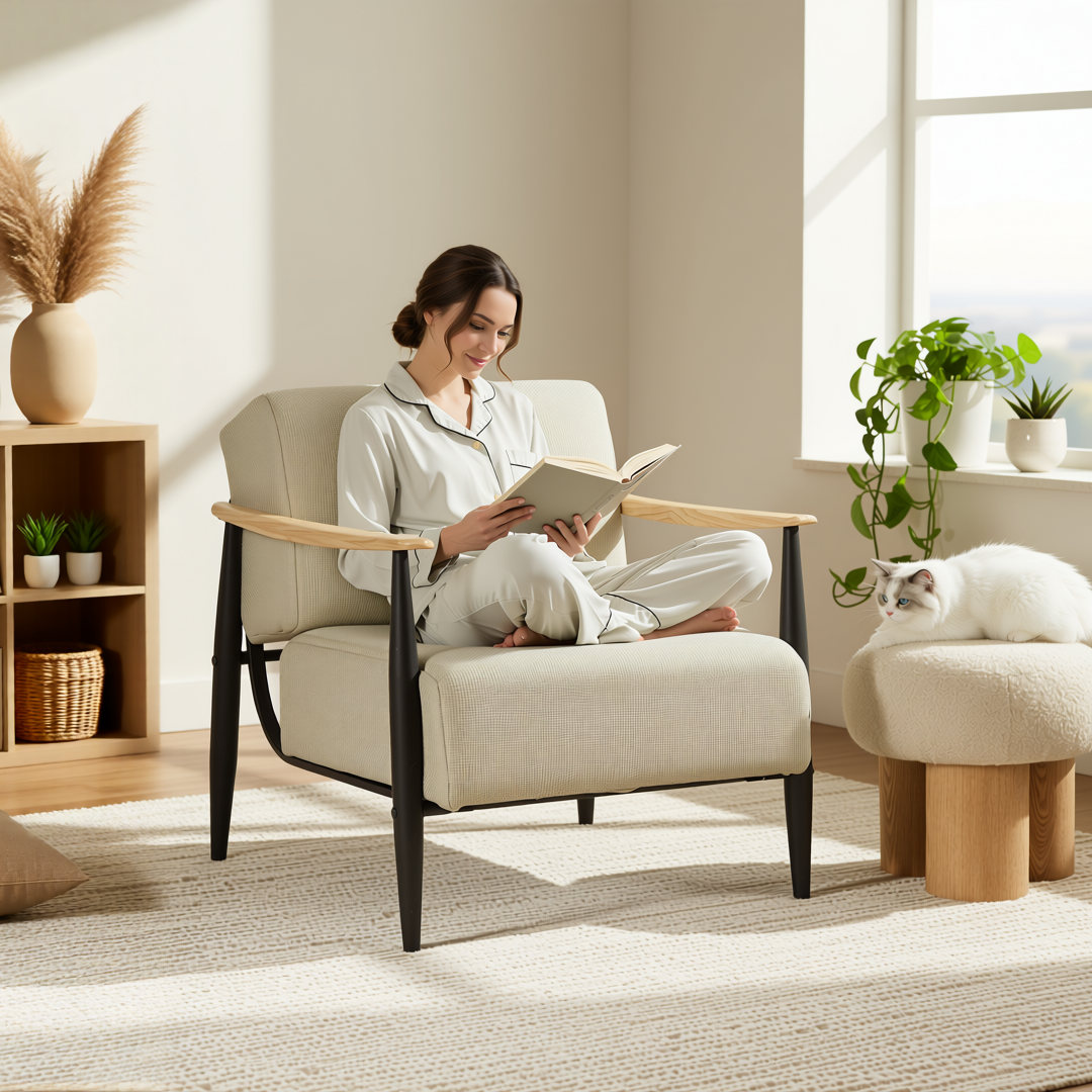 Homy Casa Molica Accent Chair 28" Upholstered Armchair with Solid Wood Arms in Oak