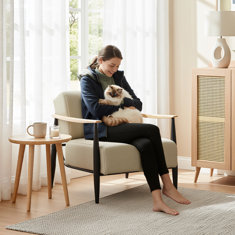 Homy Casa Molica Accent Chair 28" Upholstered Armchair with Solid Wood Arms in Oak