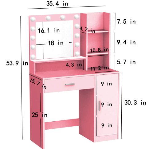 Lecce Pink Vanity Set Hollywood Lighted Mirror Desk with CARNATION Morandi Fabric Swivel Chair