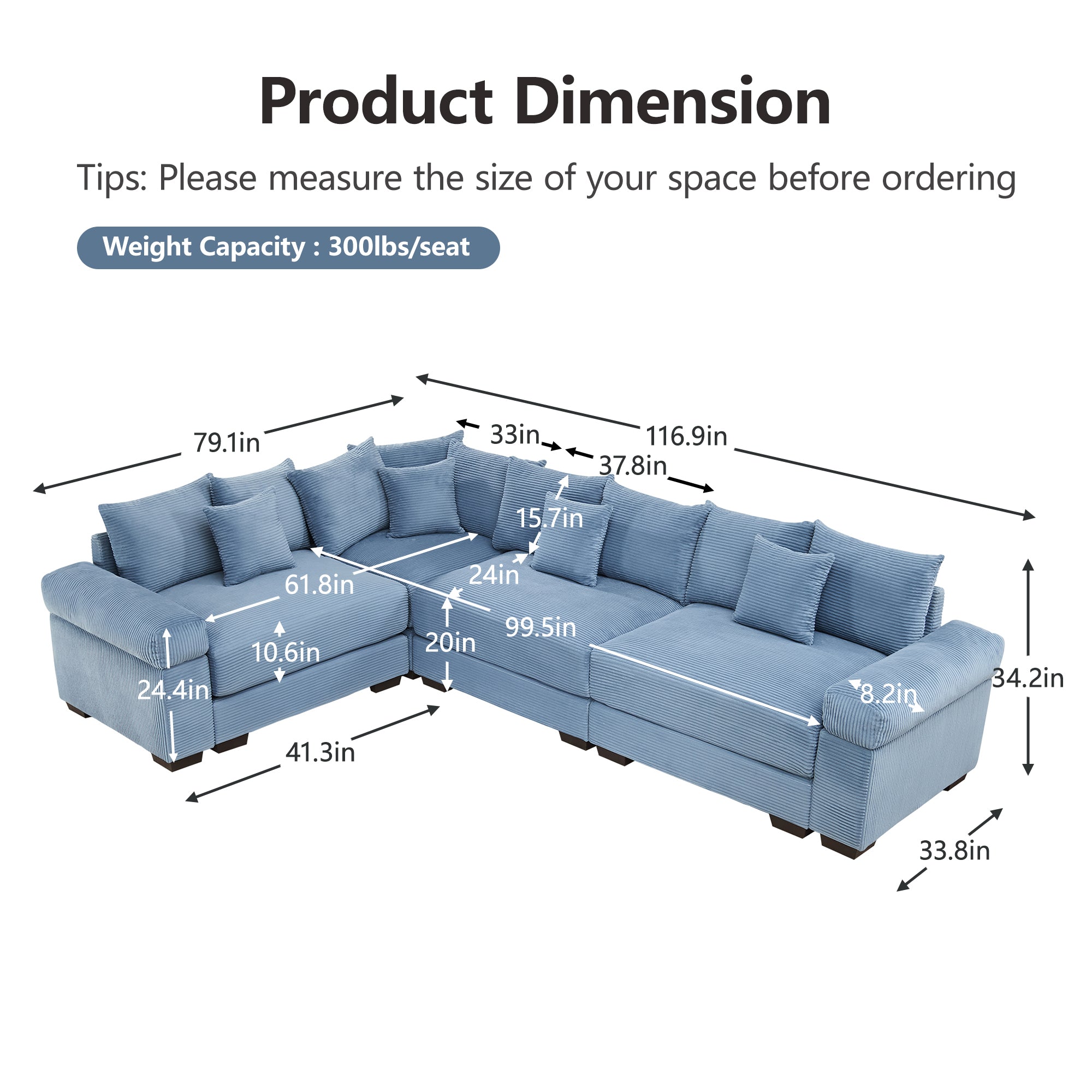 Albany 130" Modular Corduroy Cloud L-Shaped Sectional Sofa with Ottoman and Extra-Thick Armrests