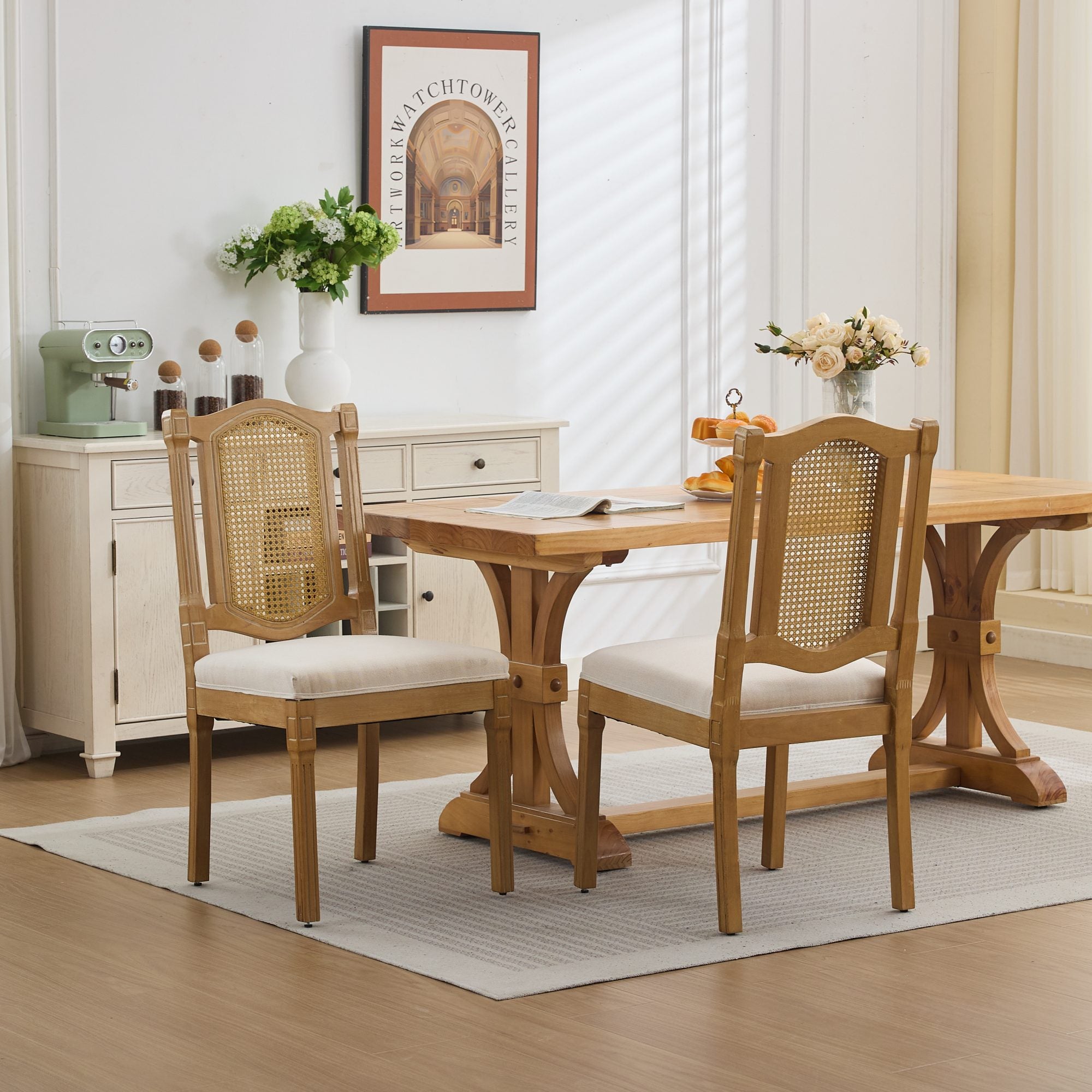 Shannon Solid Wood Rattan-Back Dining Chair Set of 2 with Beige Linen Cushion