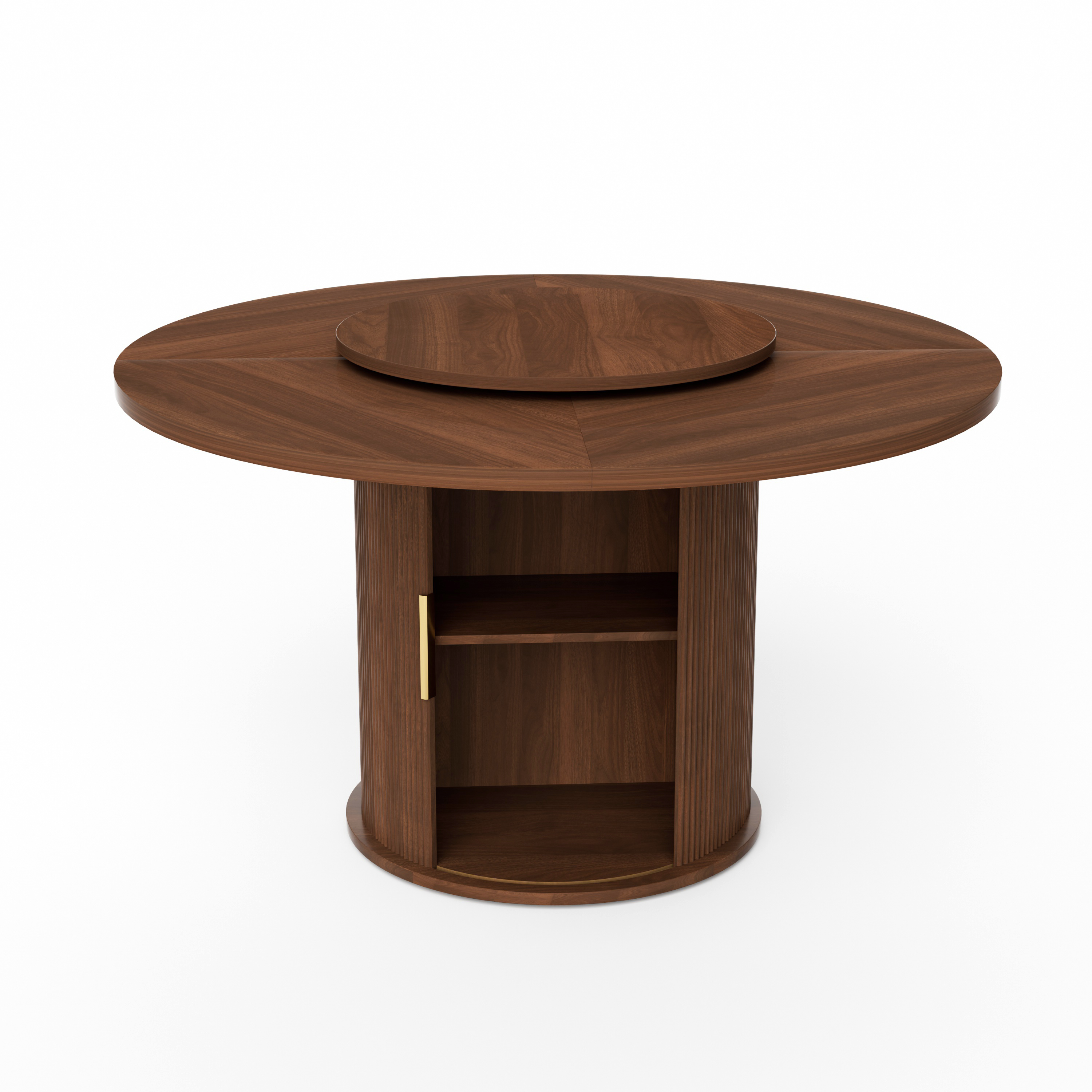 Ganges 55" Walnut Round Dining Table with Storage Rack and Rotating Tray