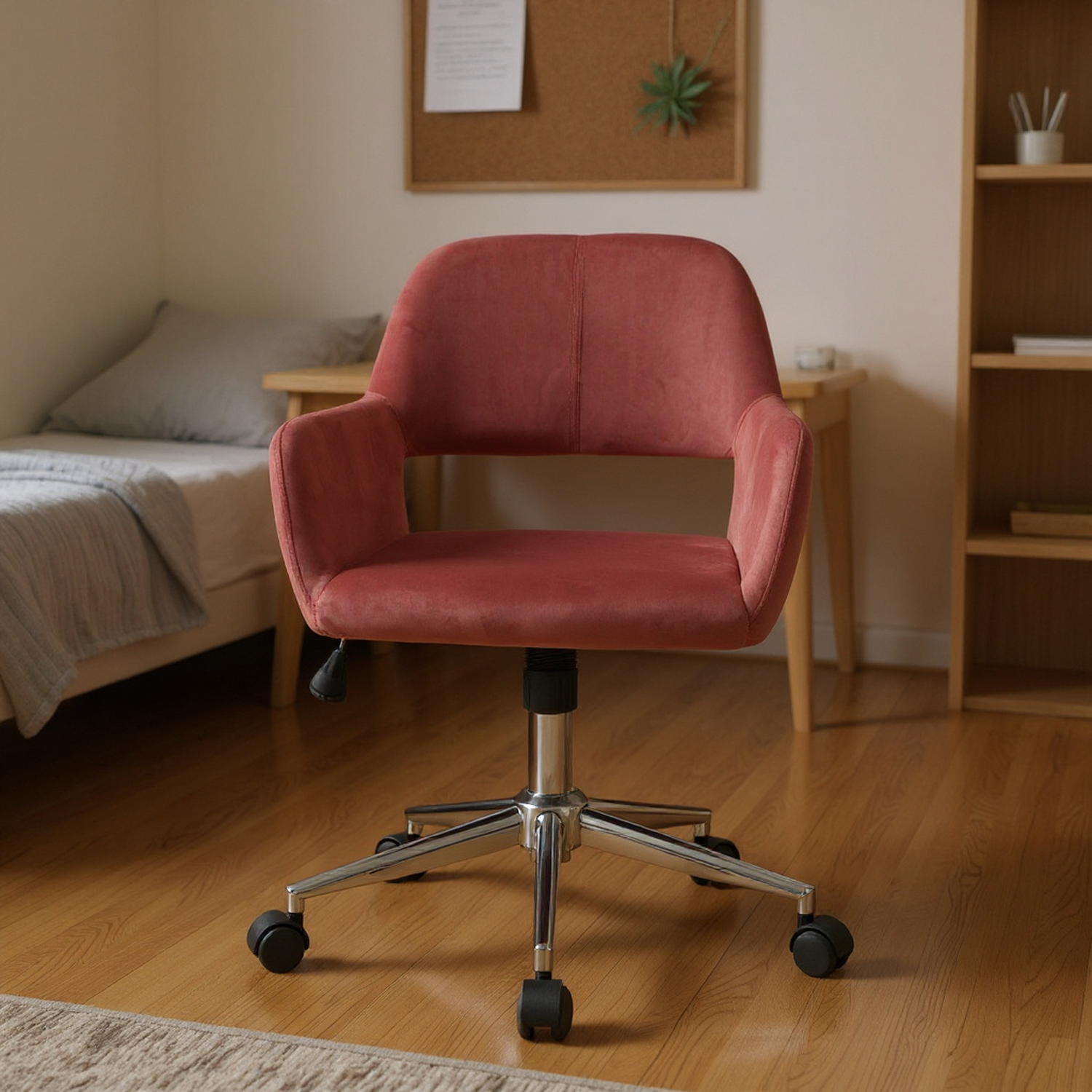 ROSS Velvet Swivel Desk Chair with Arms, Adjustable Height Task Chair on Wheels, Chrome Base, Blush Pink