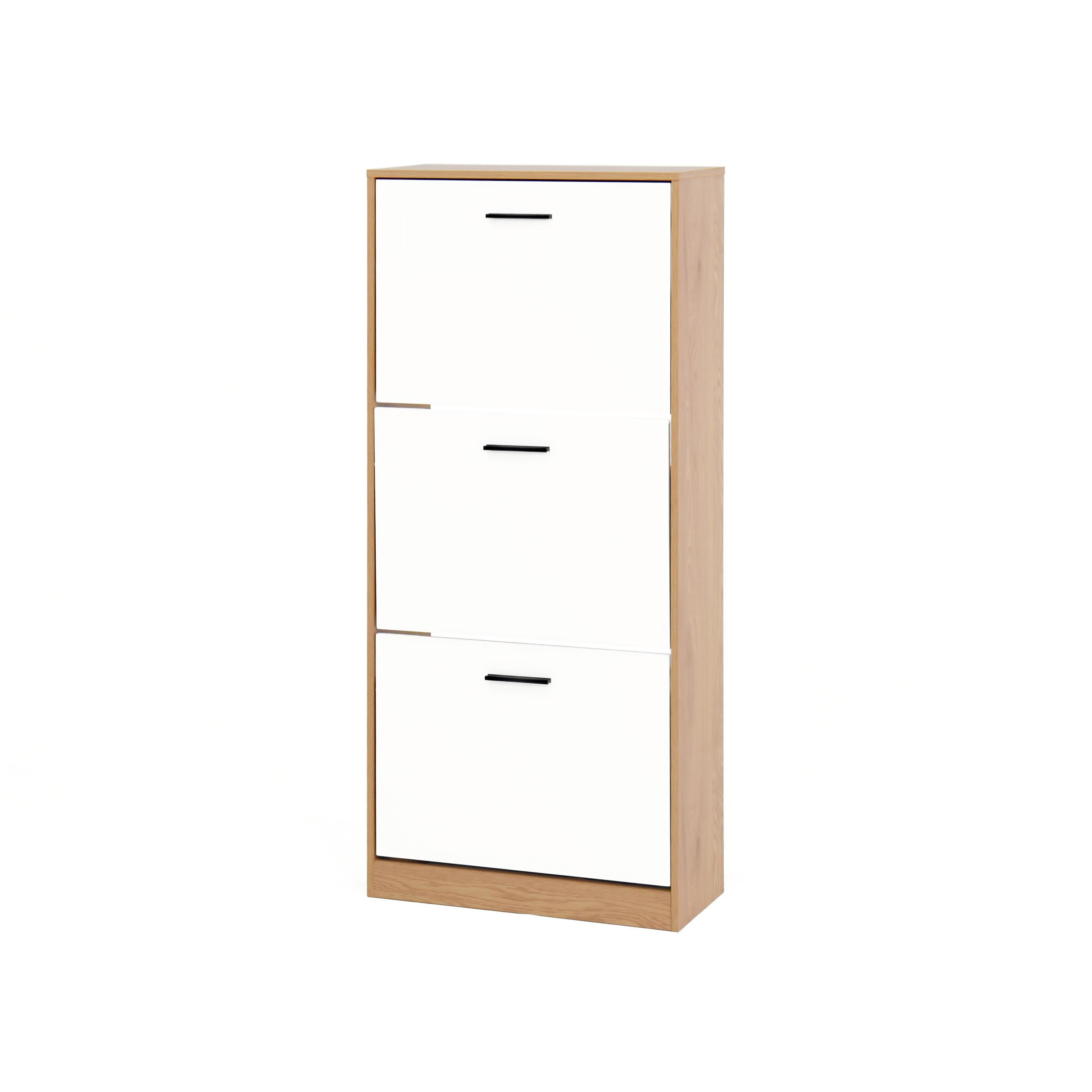 Freestanding Shoe Storage Cabinet with 3 Flip Drawers, White & Natural Particle Board, 47.2 Inches Tall