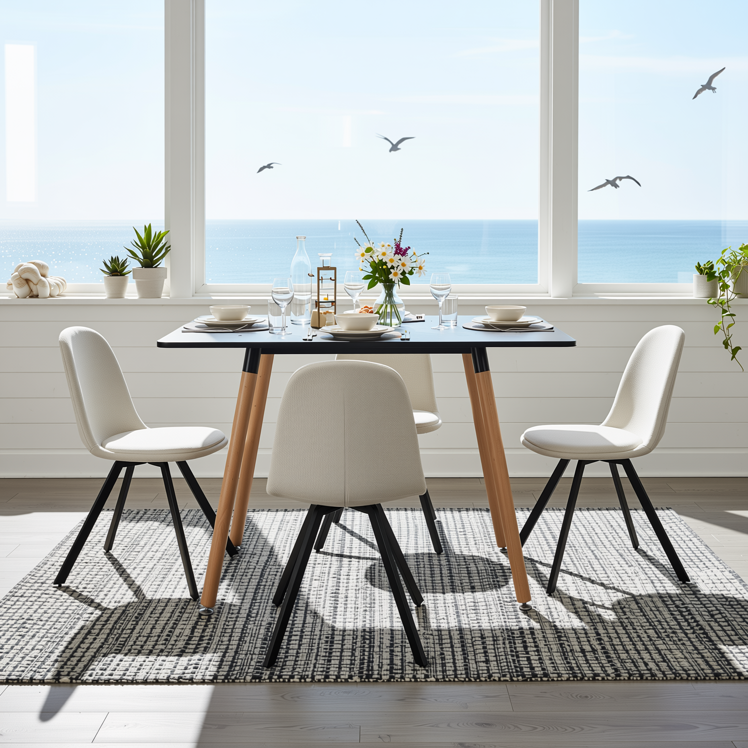 Homy Casa Rookie 5PC Dining Table Set 31.5” Square Black Table with 4 Sunflower Beige Swival Upholstered Chairs