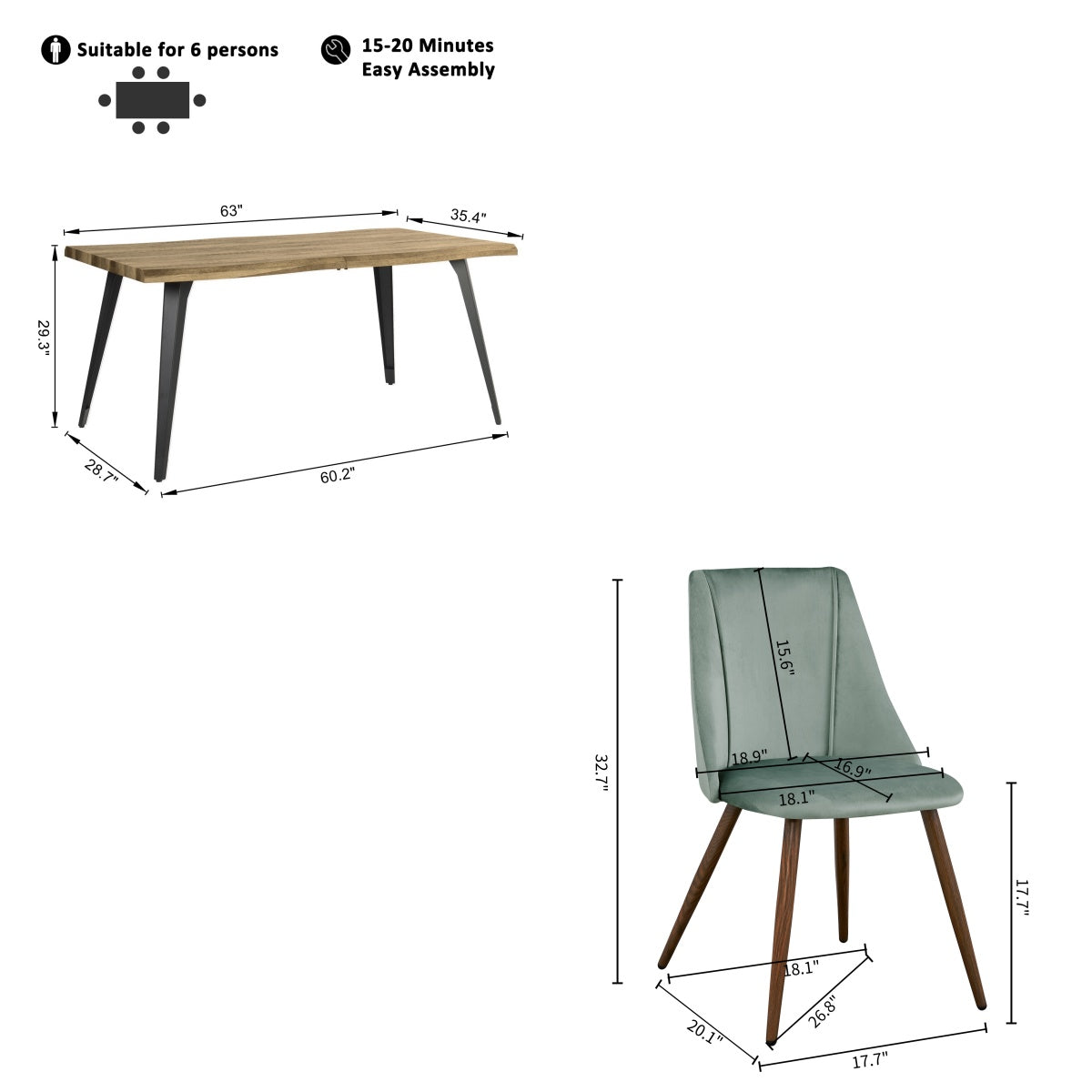 Homy Casa Lancelot 5PC Dining Set 63” Walnut Table with 4 Smeg Upholstered Chairs,Light Green