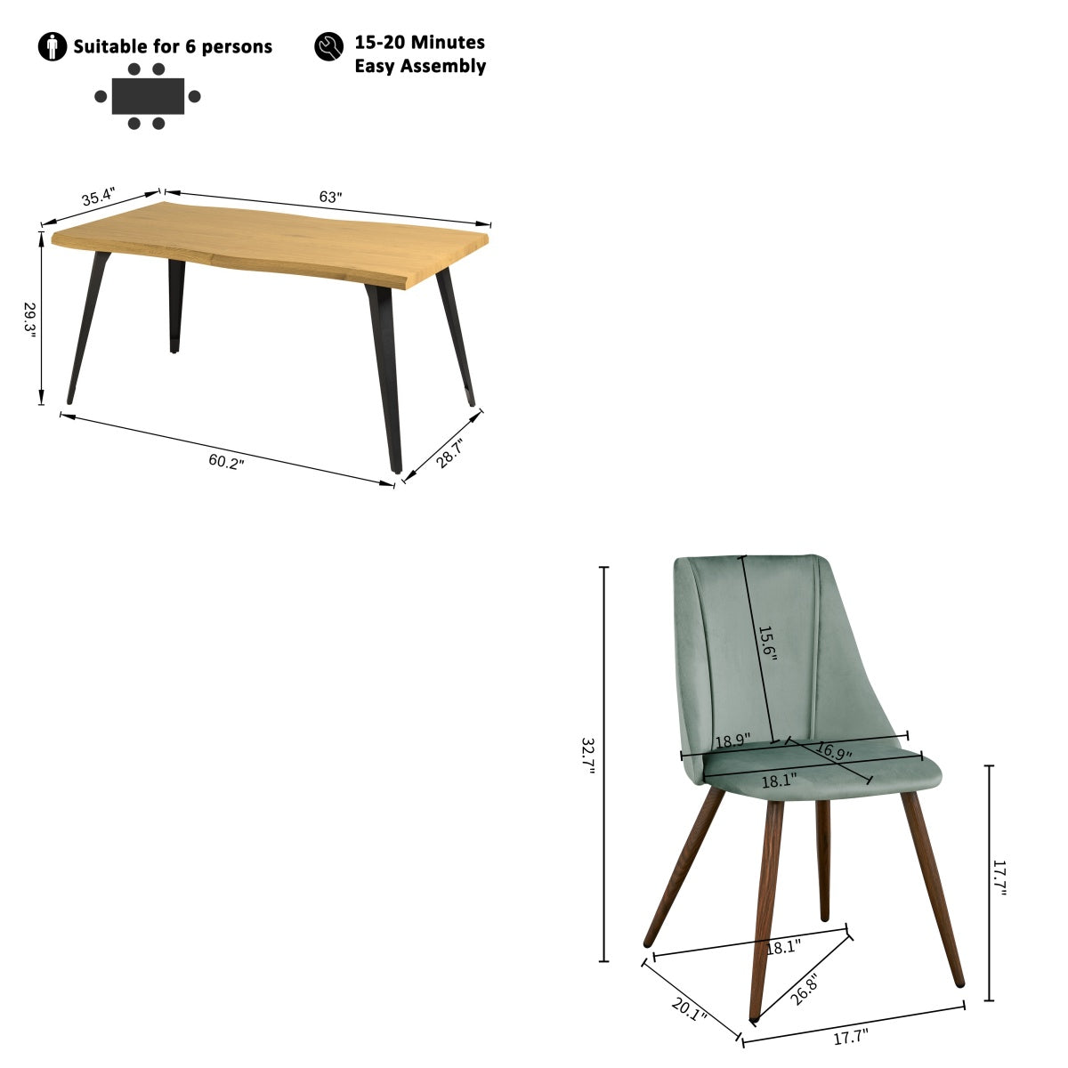 Homy Casa Lancelot 5PC Dining Set 63” Oak Table with 4 Smeg Upholstered Chairs Light Green