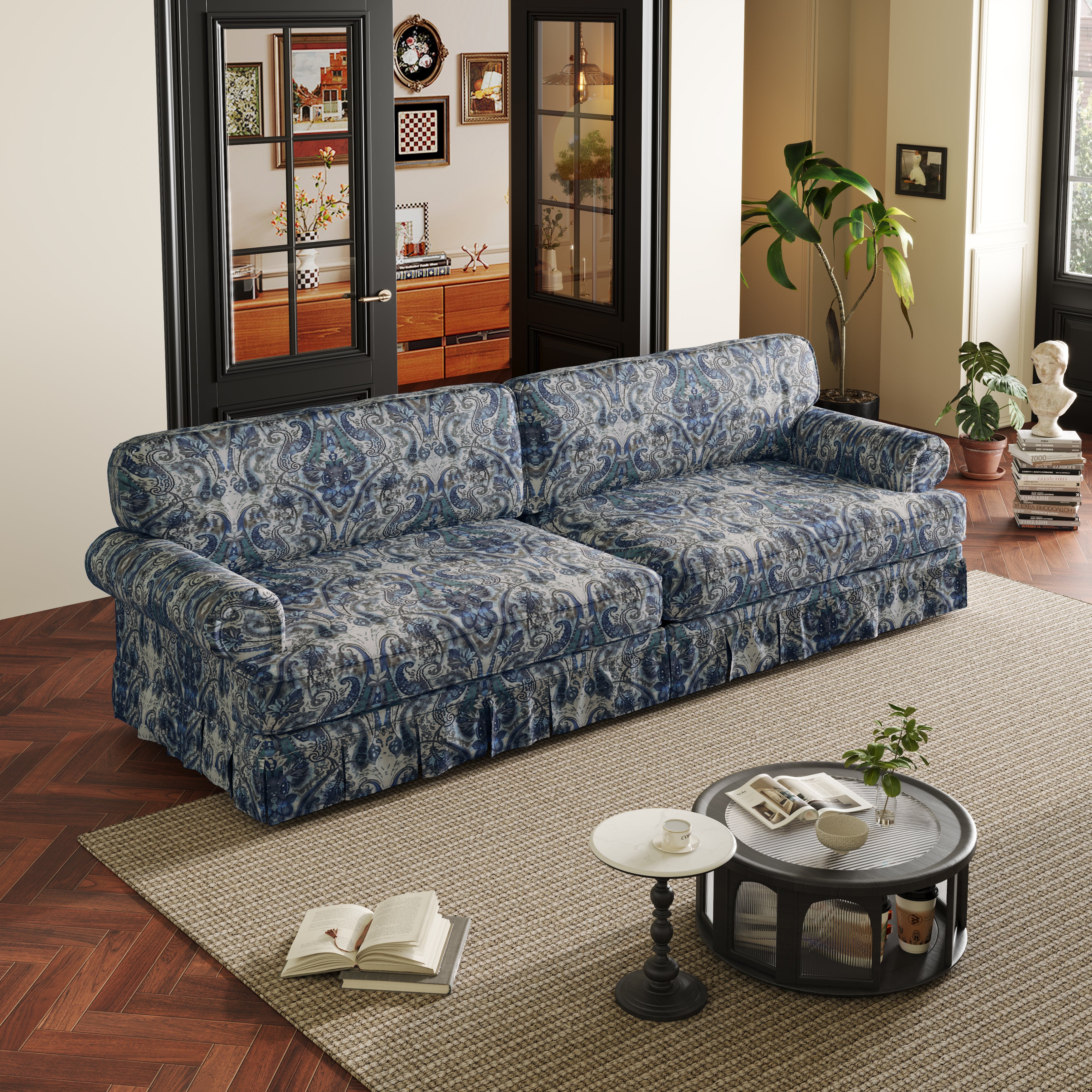 Livonia 94" Oxford Fabric 4-Seater Sofa with Rolled Arms and Pleated Skirt Mid-Century Design