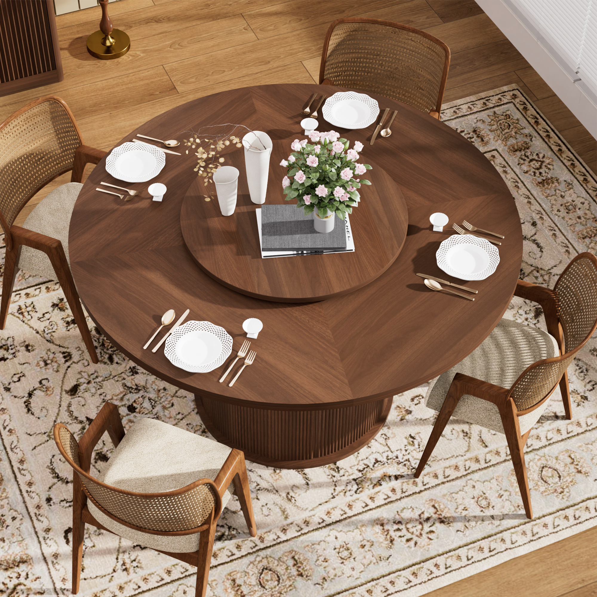 Ganges 55" Walnut Round Dining Table with Storage Rack and Rotating Tray