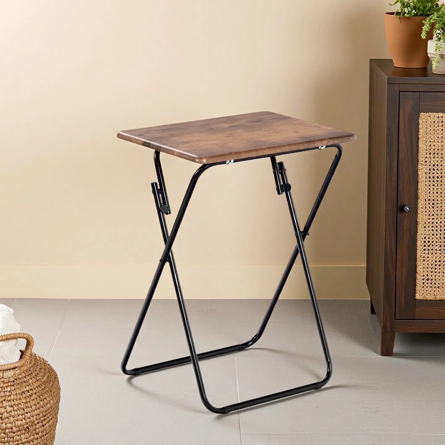 Folding TV Tray Table, 18.9" Wide Rustic Wood Top, Metal Frame, No Assembly, Portable Snack Table for Sofa or Bed, Black