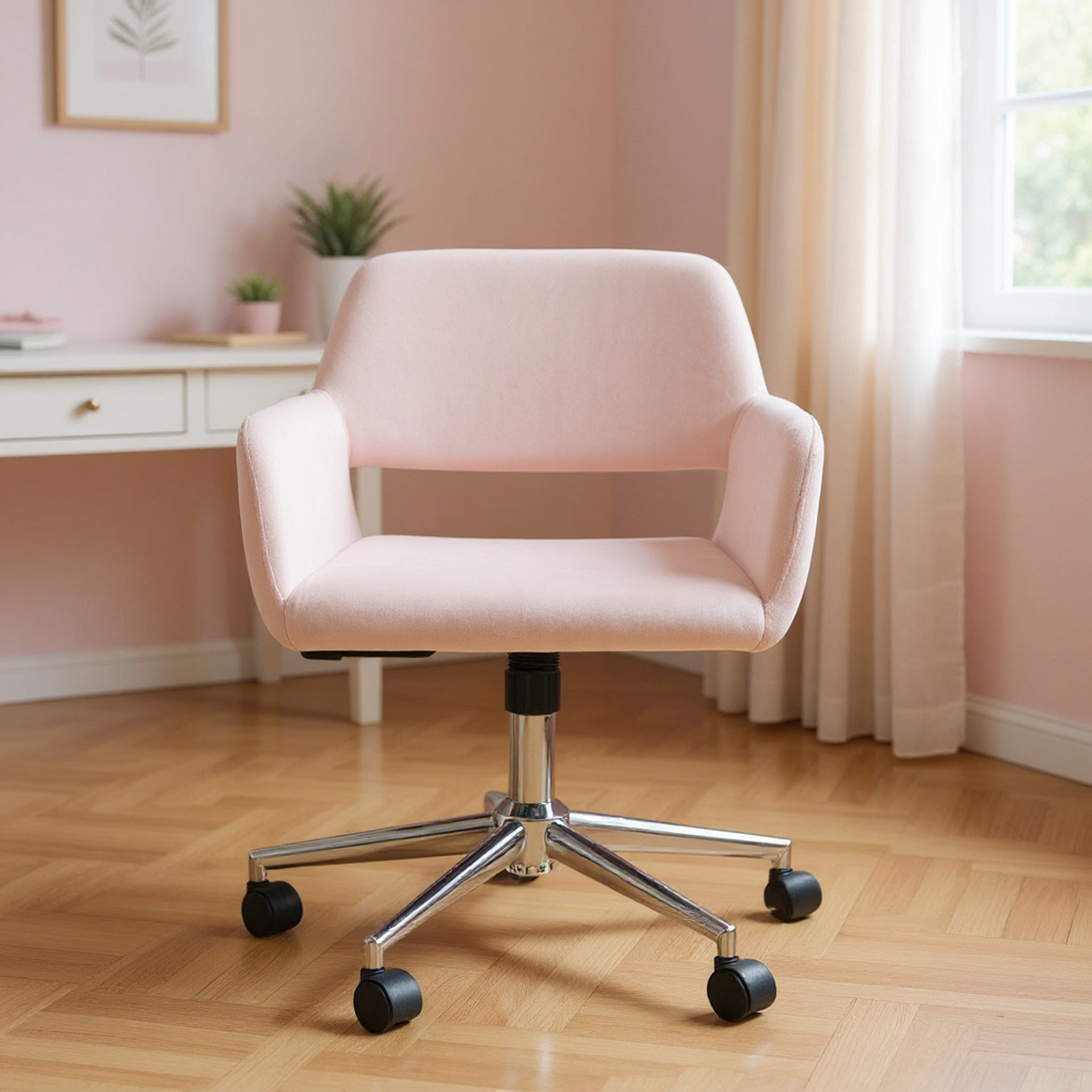 Velvet Swivel Desk Chair with Arms, Adjustable Height Task Chair on Wheels, Chrome Base, Blush Pink