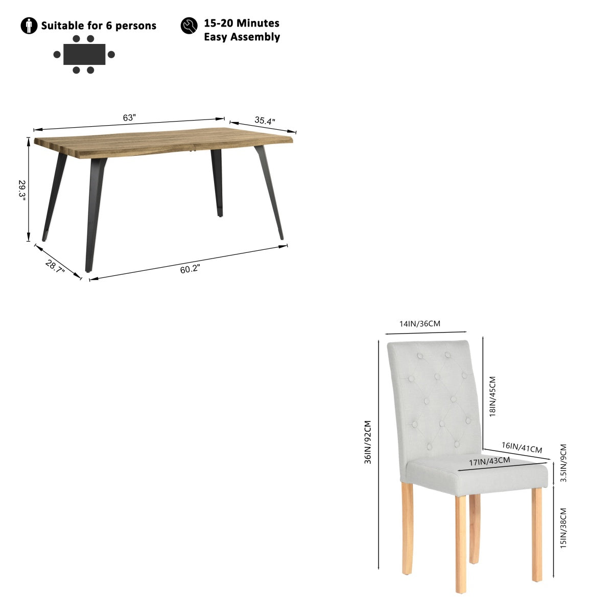 Homy Casa Lancelot 5PC Dining Table Set 63” Walnut Table with 4 Douro Upholstered Chairs,Gray