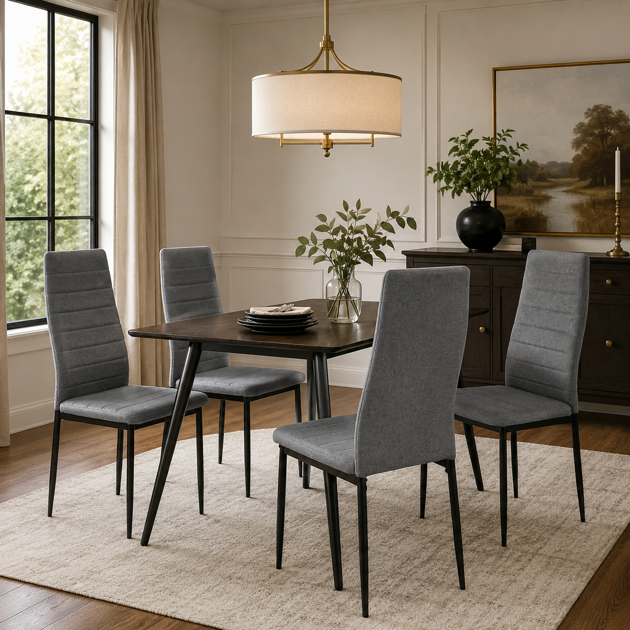 Ann High Back Upholstered Dining Chairs with Black Metal Legs Set of 4