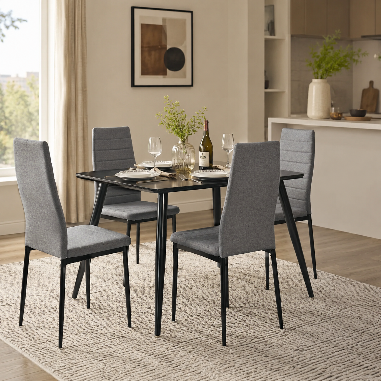 Ann High Back Upholstered Dining Chairs with Black Metal Legs Set of 4