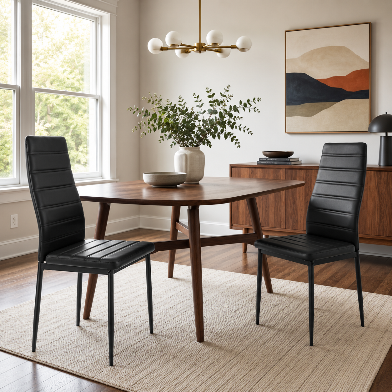 Ann High Back Faux Leather Dining Chairs with Black Metal Legs Set of 2