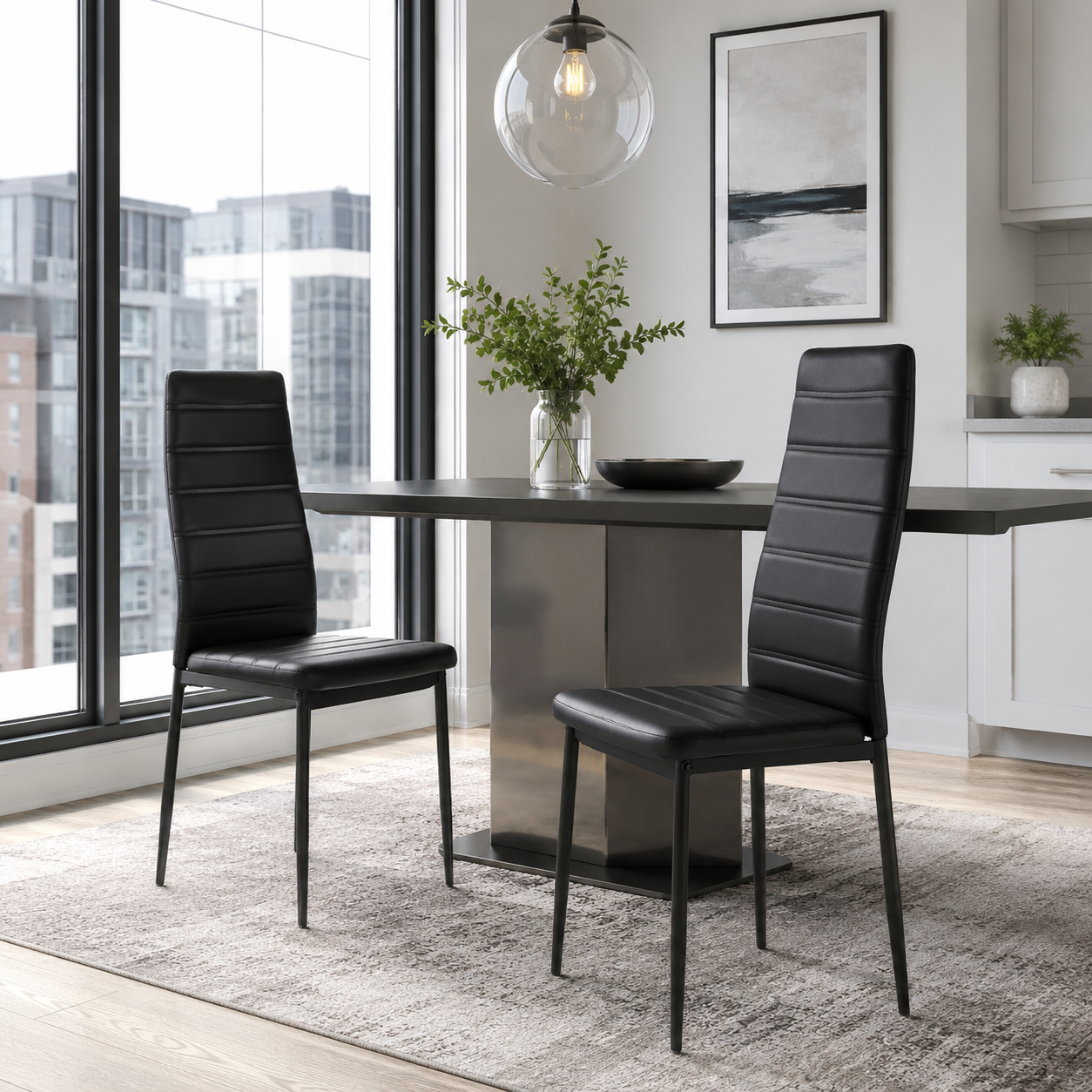 Ann High Back Faux Leather Dining Chairs with Black Metal Legs Set of 2