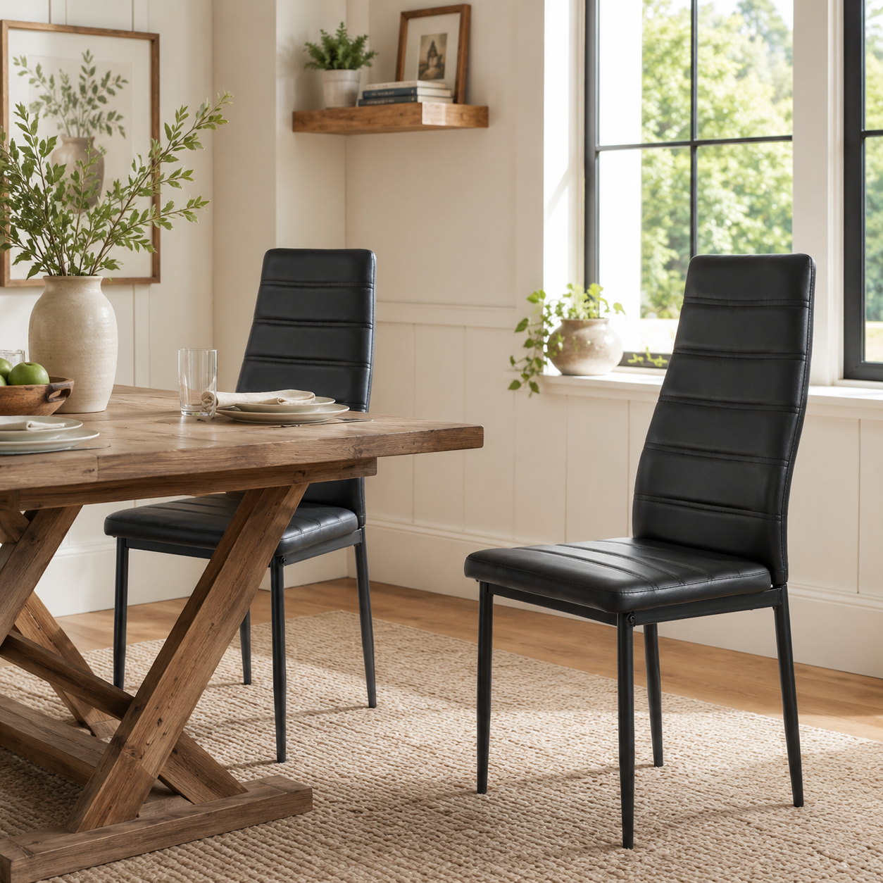 Ann High Back Faux Leather Dining Chairs with Black Metal Legs Set of 2