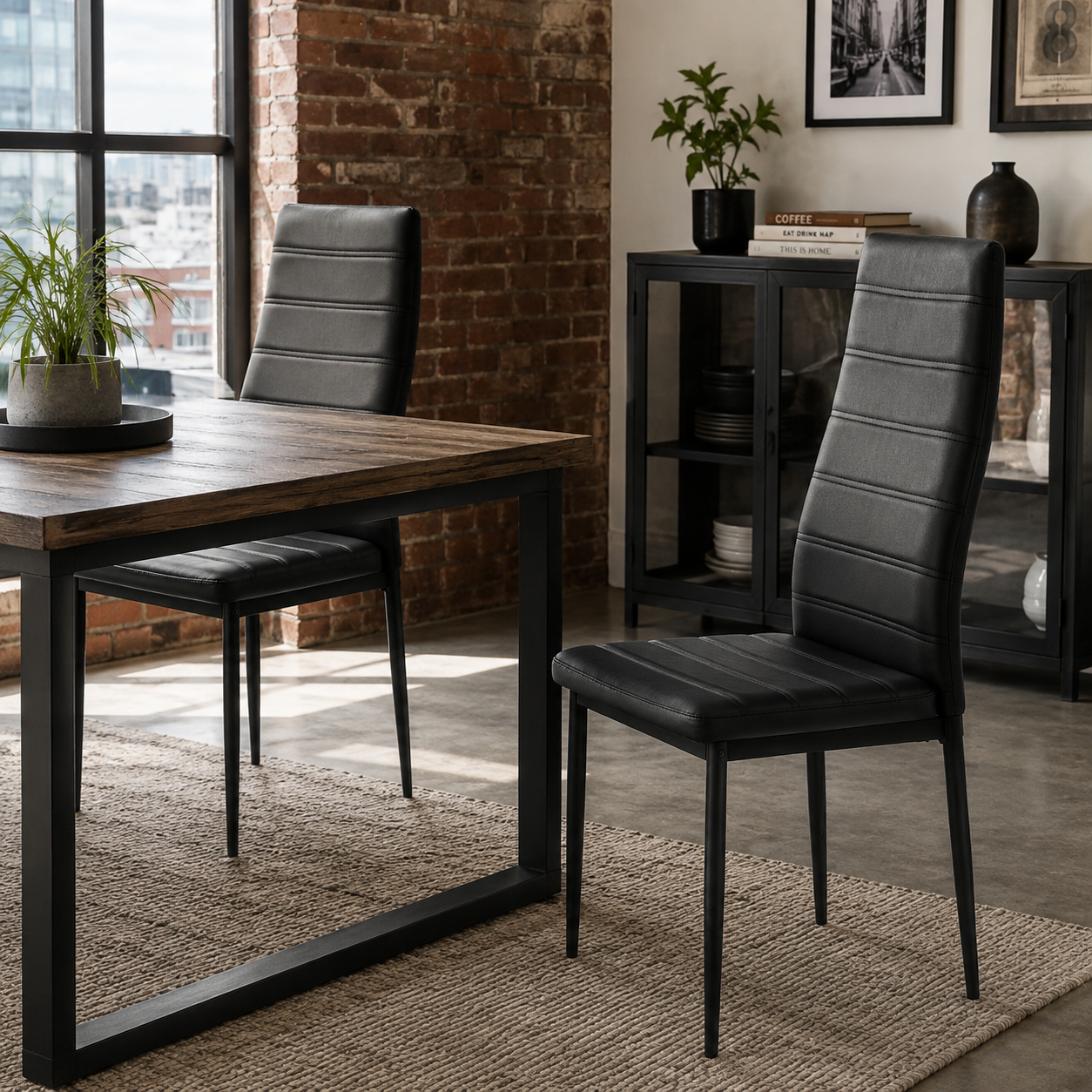 Ann High Back Faux Leather Dining Chairs with Black Metal Legs Set of 2
