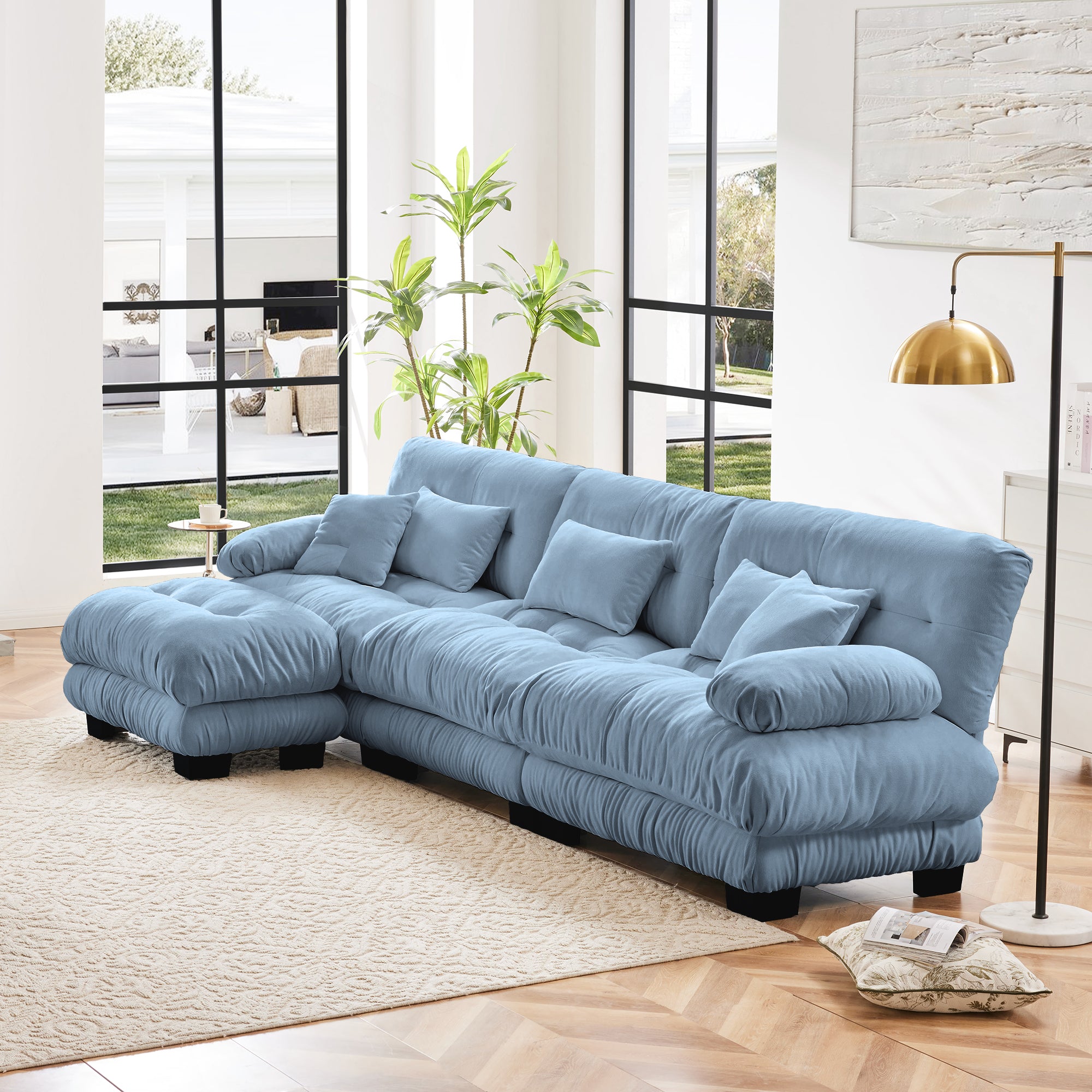 Monterey 134" Modular Chenille Cloud L-Shaped Sectional Sofa with Convertible Ottoman