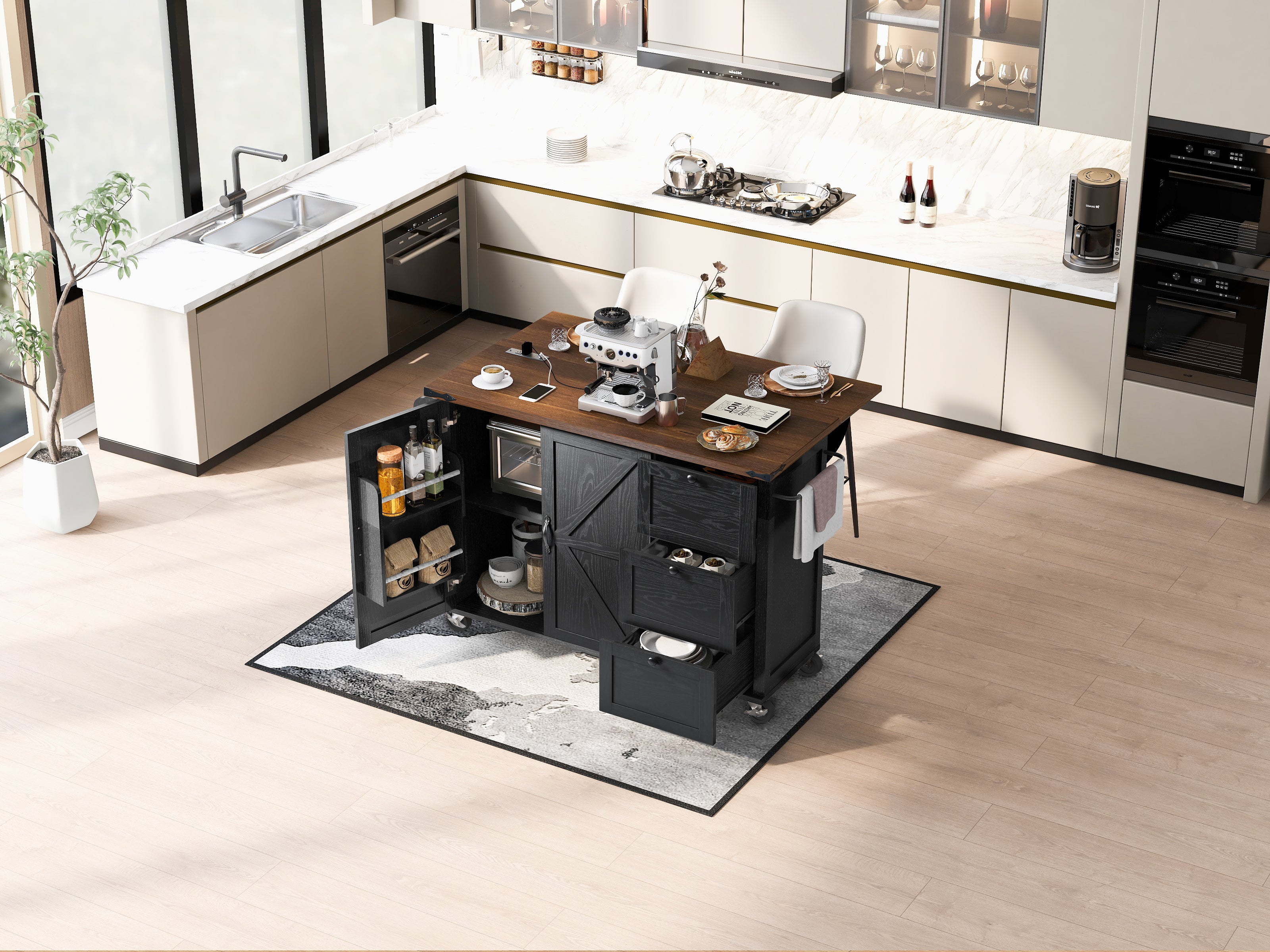 54.5" Farmhouse Kitchen Island with Power Outlet, Kitchen Storage Island  with Internal Storage Rack, Drop Leaf, Spice Rack, Rolling Kitchen Cart on Wheels, for Home, Kitchen and Dining Room,Black