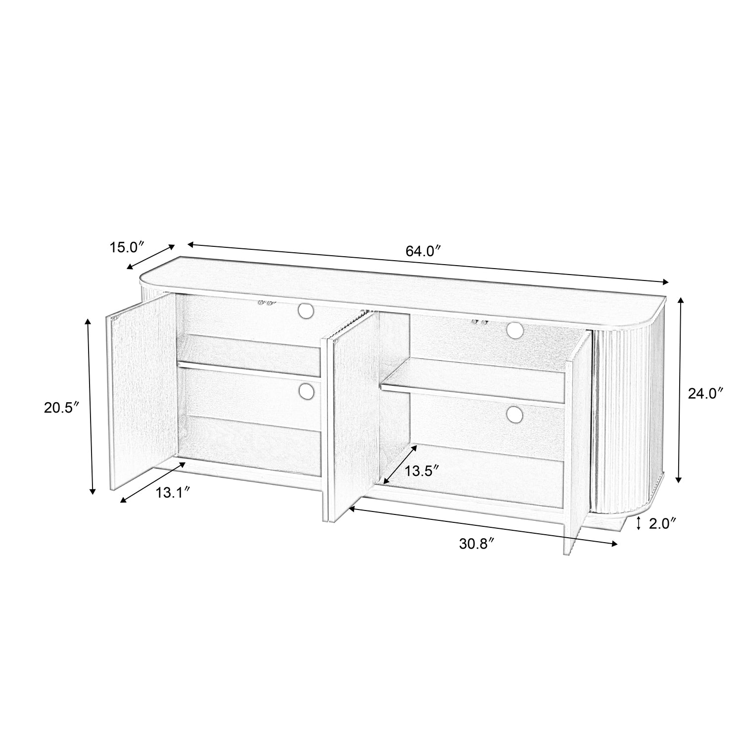 Kyoto Sideboard TV Cabinet with Fluted Doors & Drawers, Black