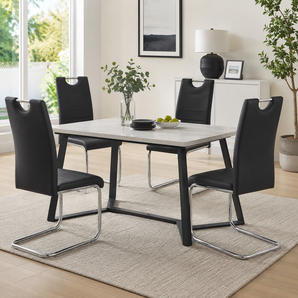 Ann High Back PU Leather Dining Chairs with Chrome Cantilever Base Set of 4