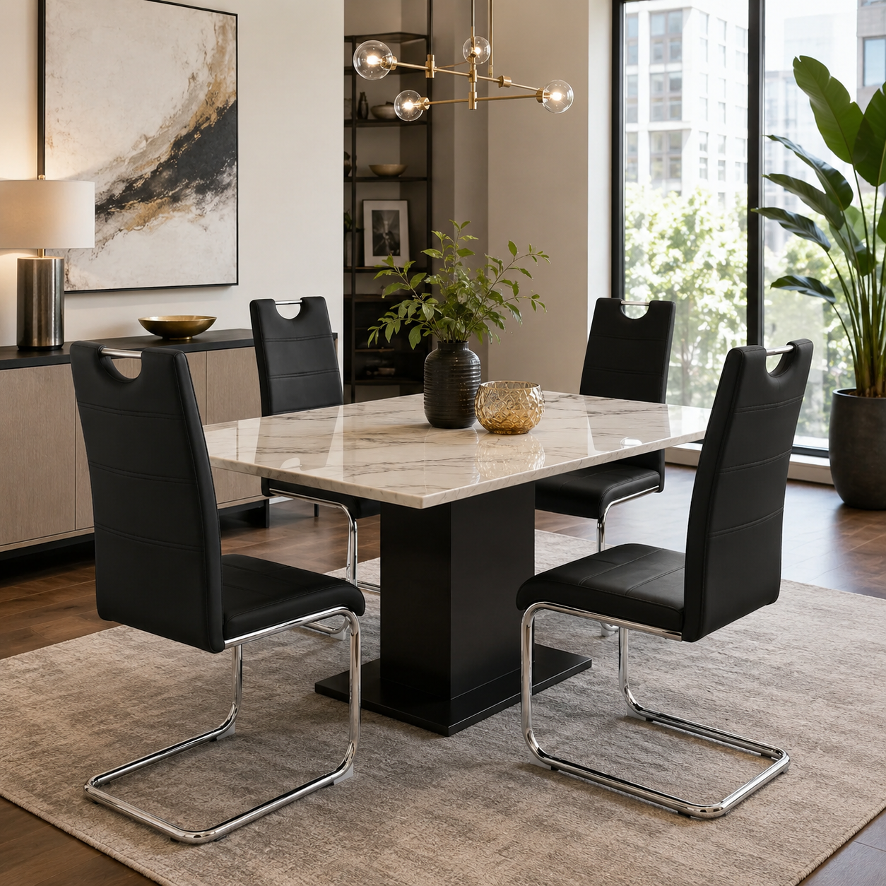 Ann High Back PU Leather Dining Chairs with Chrome Cantilever Base Set of 4