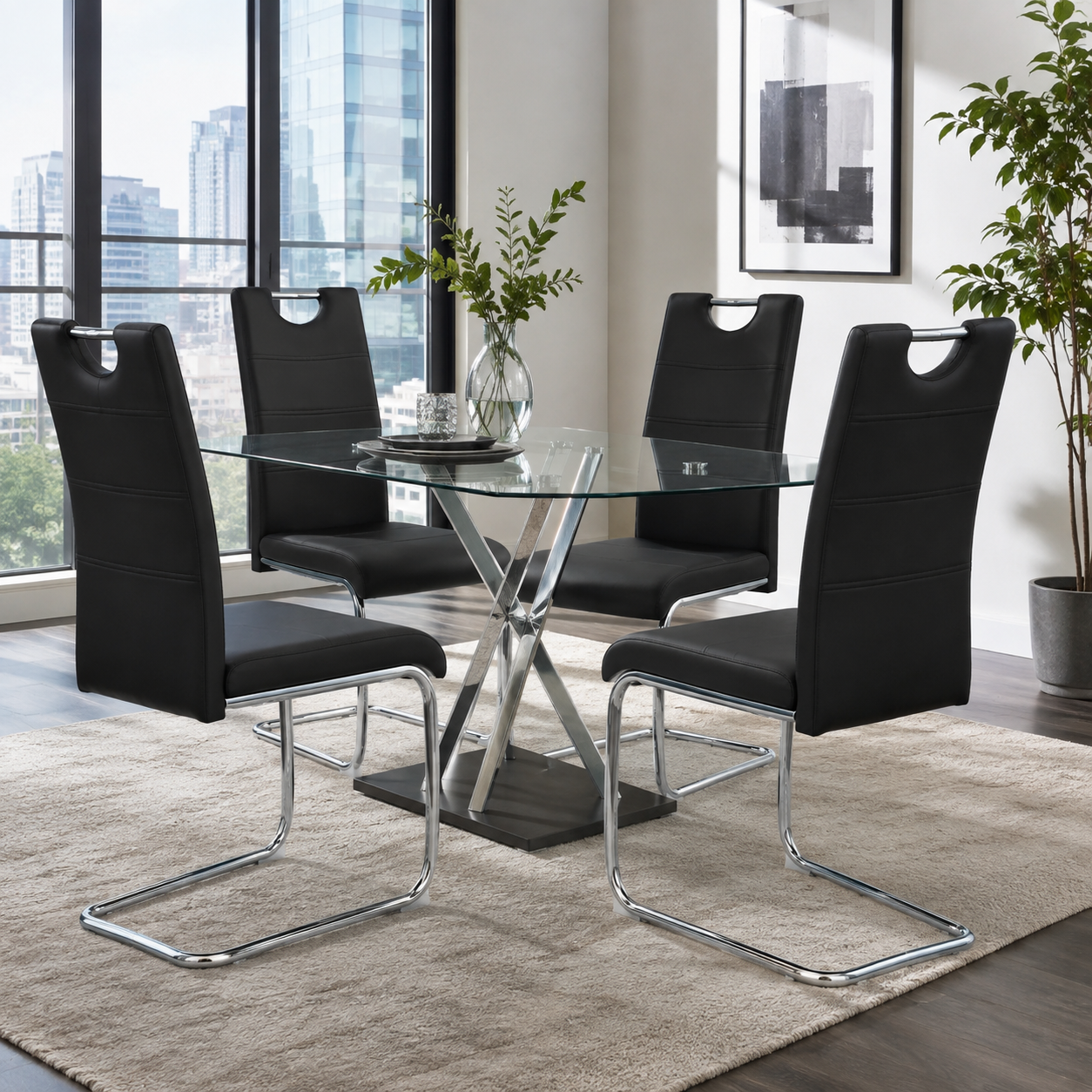 Ann High Back PU Leather Dining Chairs with Chrome Cantilever Base Set of 4