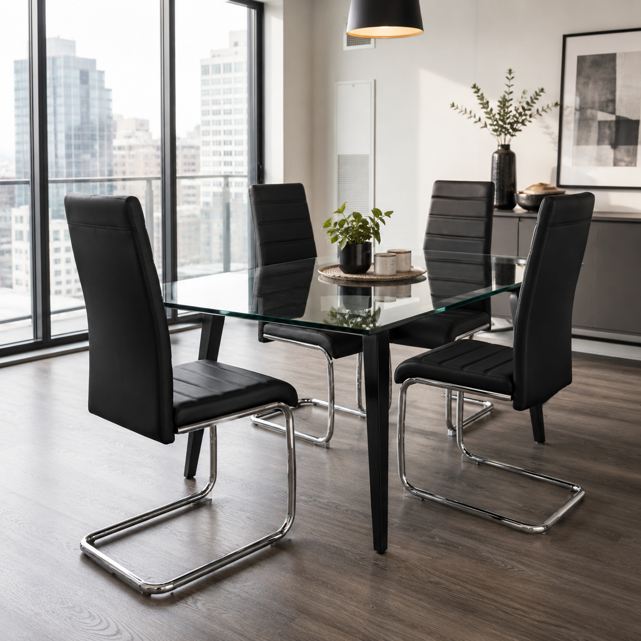 Ann High Back PU Leather Dining Chairs with Chrome Cantilever Base Set of 4