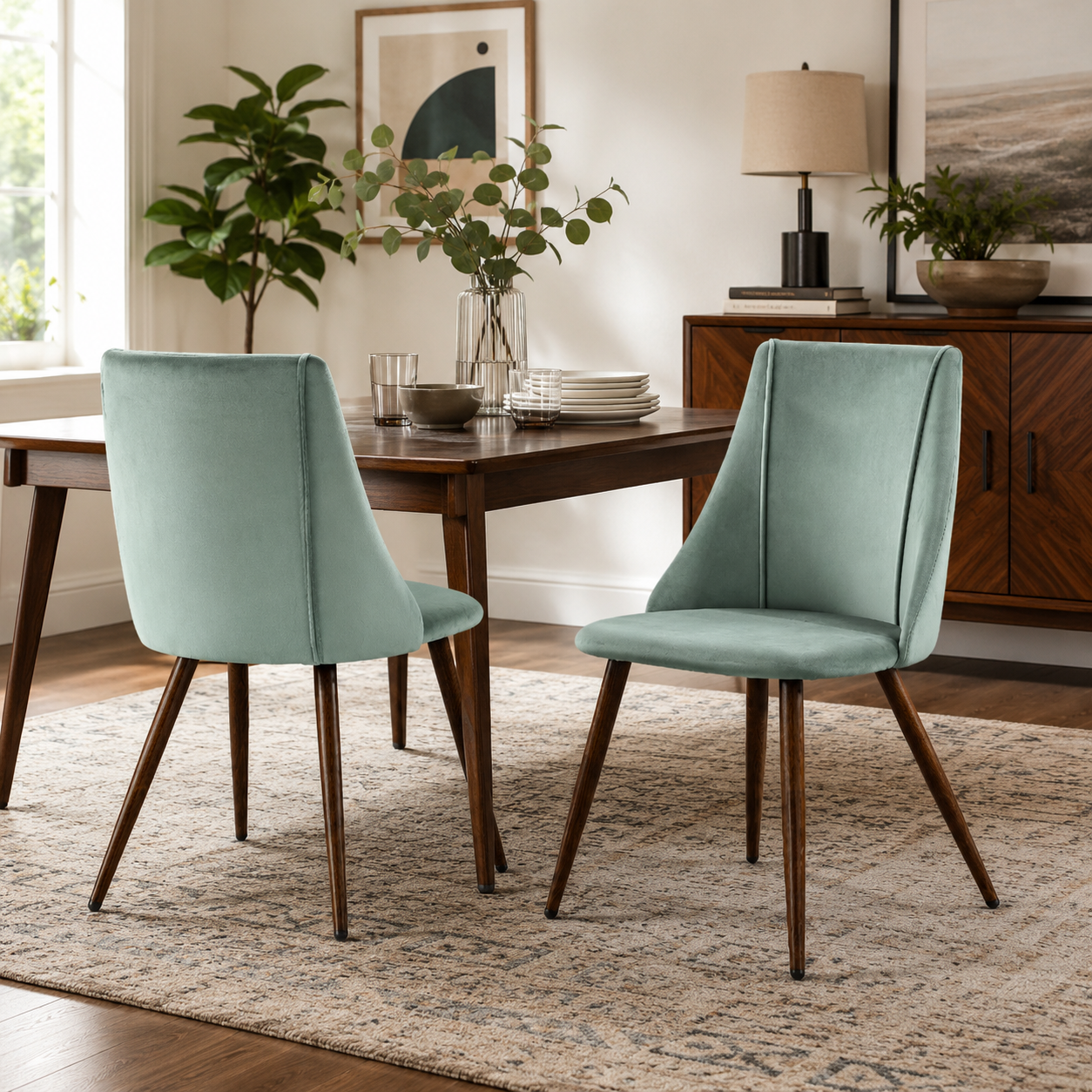 Smeg Soft High Back Upholstered Dining Chairs Set of 2 in Fabric or Velvet