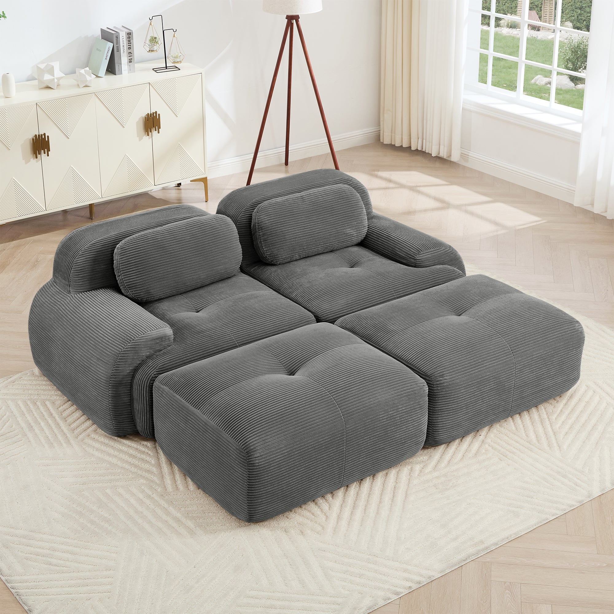 Anchorage 80" Modular Corduroy Cloud Loveseat with 2 Ottomans