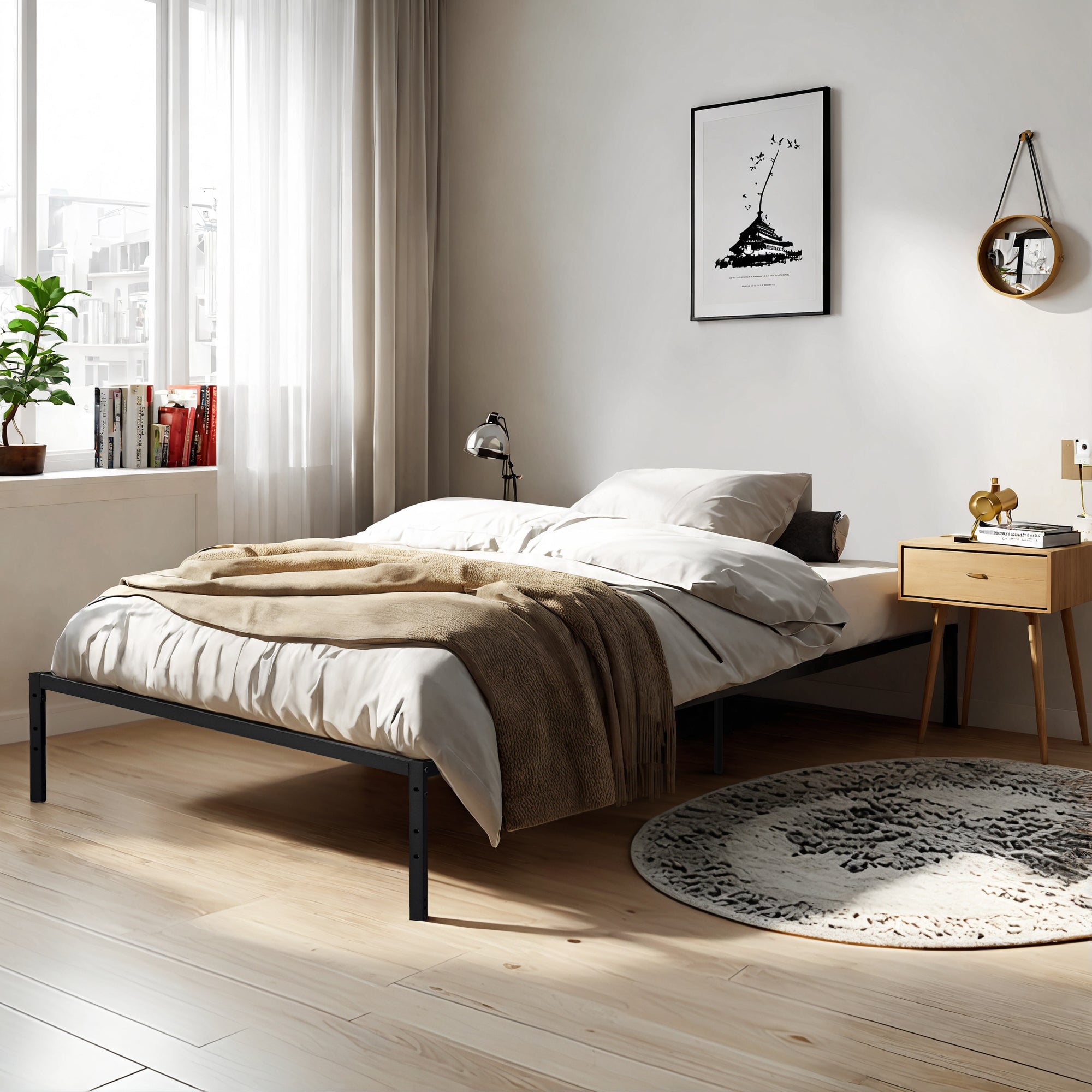KIELA Twin Metal Platform Bed Frame with Steel Slats Center Support No Box Spring Black