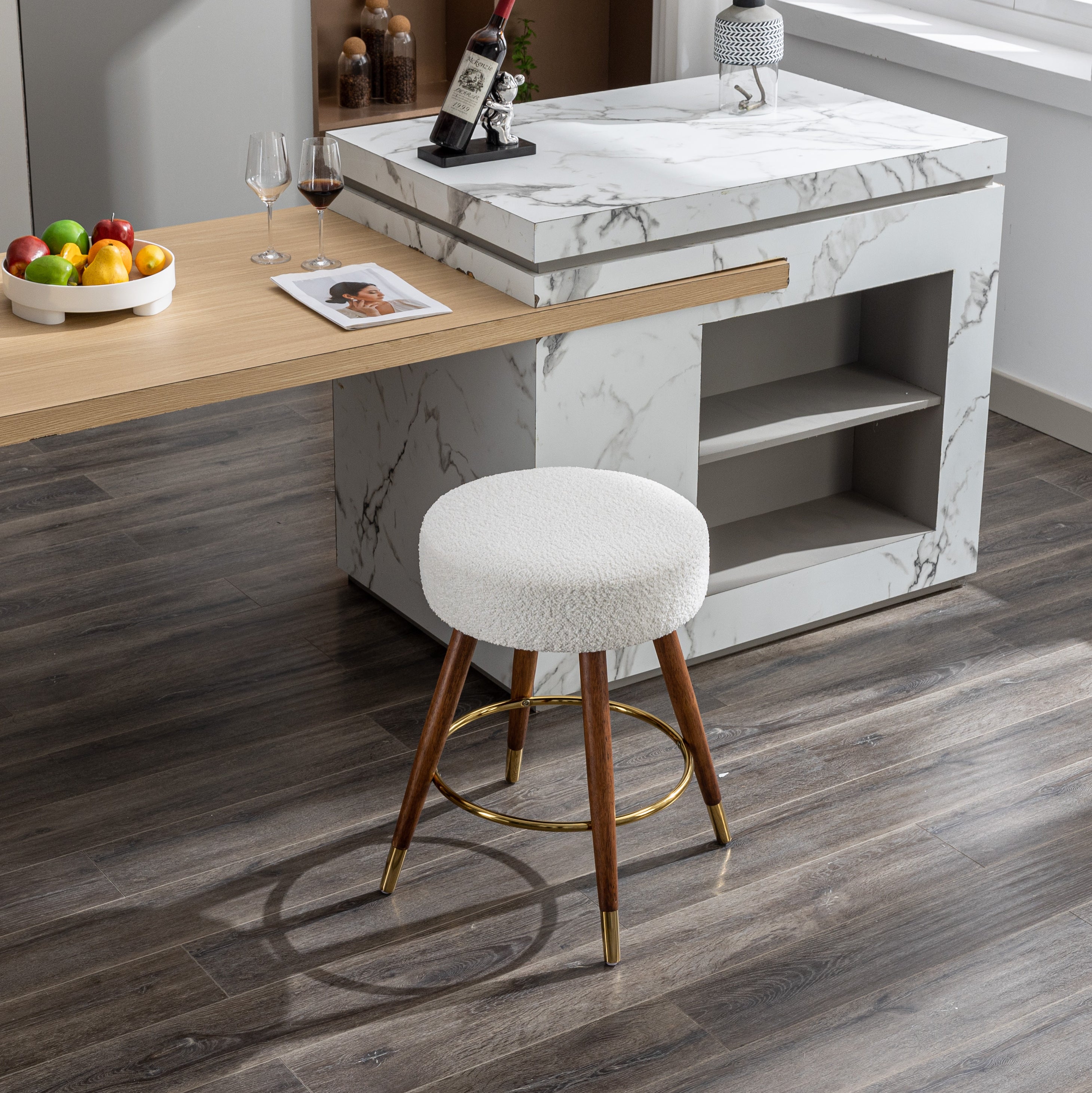 Ribera Boucle Upholstered Backless Swivel Counter Stool with Gold Accents