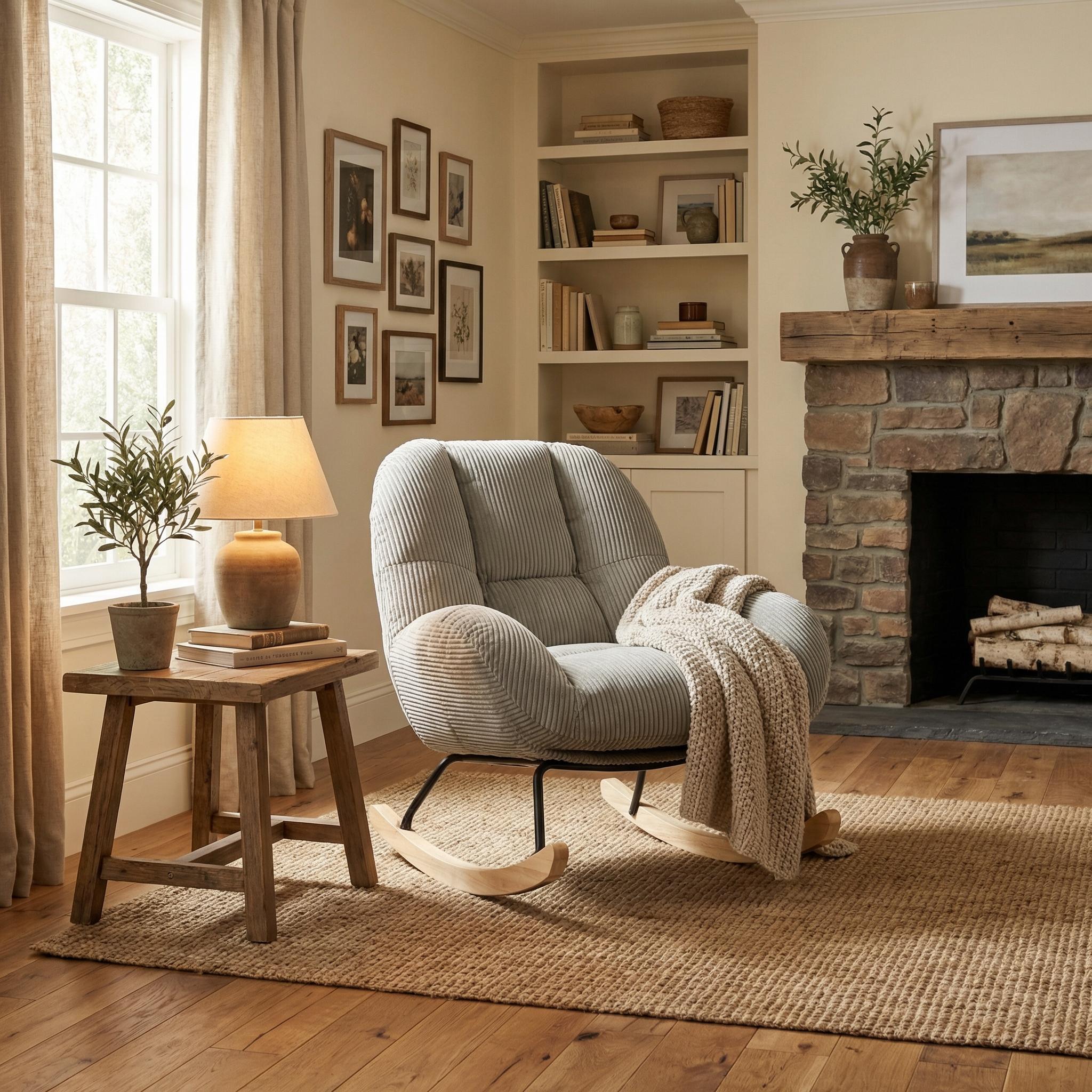 Homy Casa Corduroy Rocking Accent Chair, Fabric Upholstered Rocking Chair, Rocking Armchair, Grey