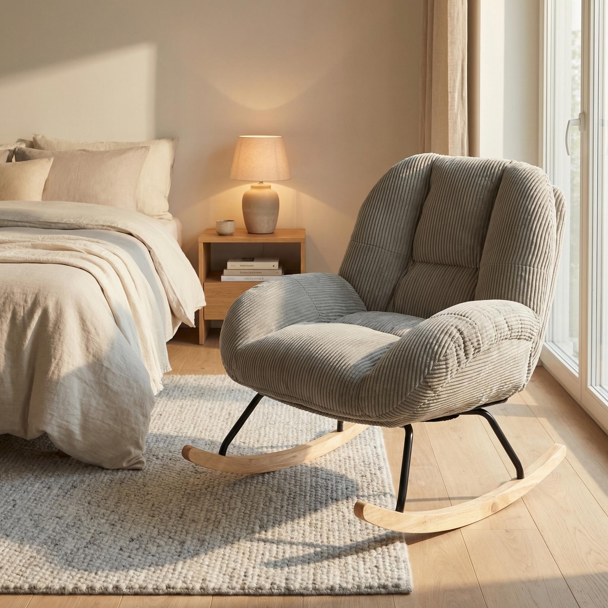 Homy Casa Corduroy Rocking Accent Chair, Fabric Upholstered Rocking Chair, Rocking Armchair, Grey