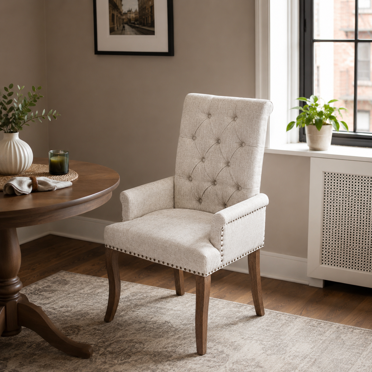 Sarine Chenille Tufted Dining Chair with Roll Top Back and Curved Wood Legs