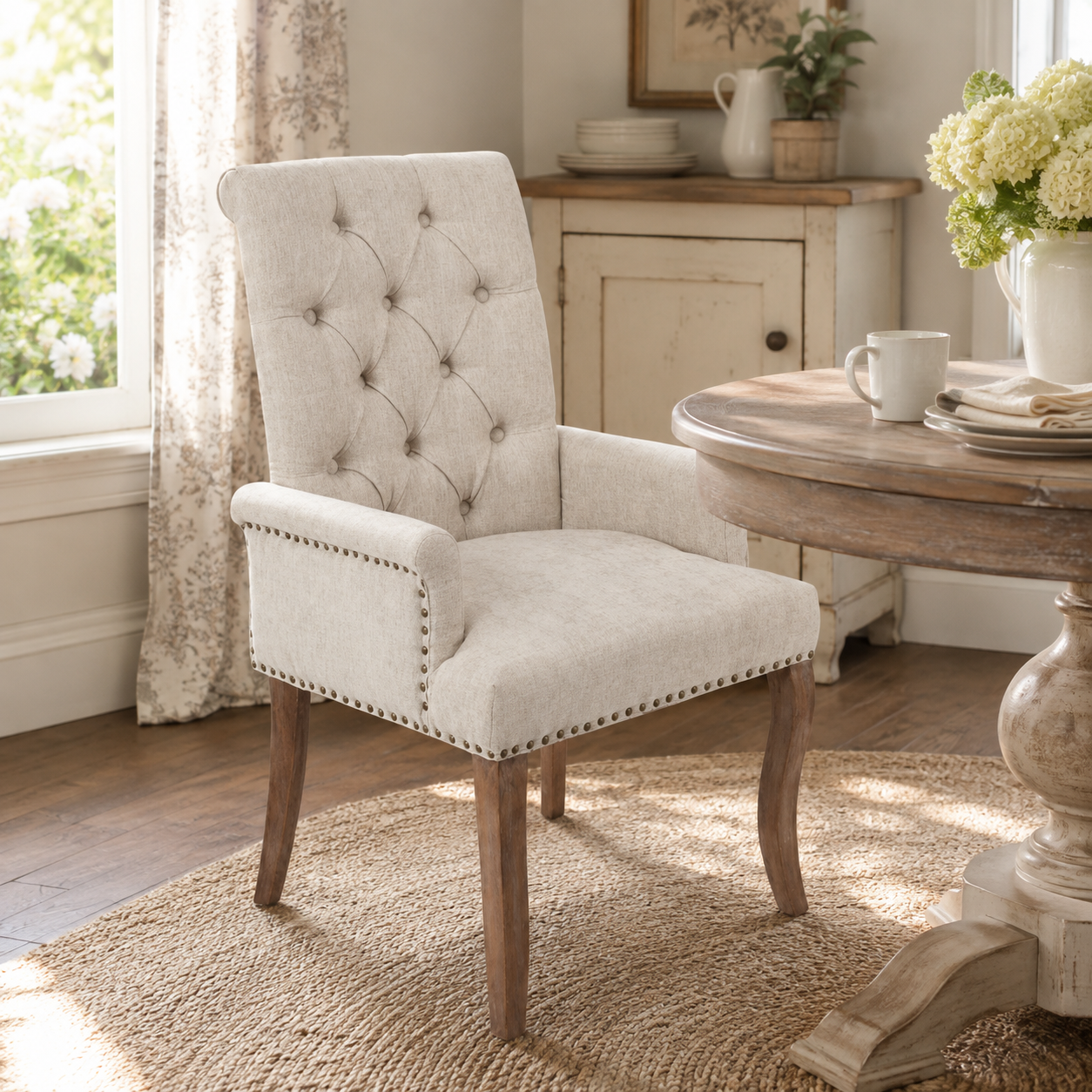 Sarine Chenille Tufted Dining Chair with Roll Top Back and Curved Wood Legs