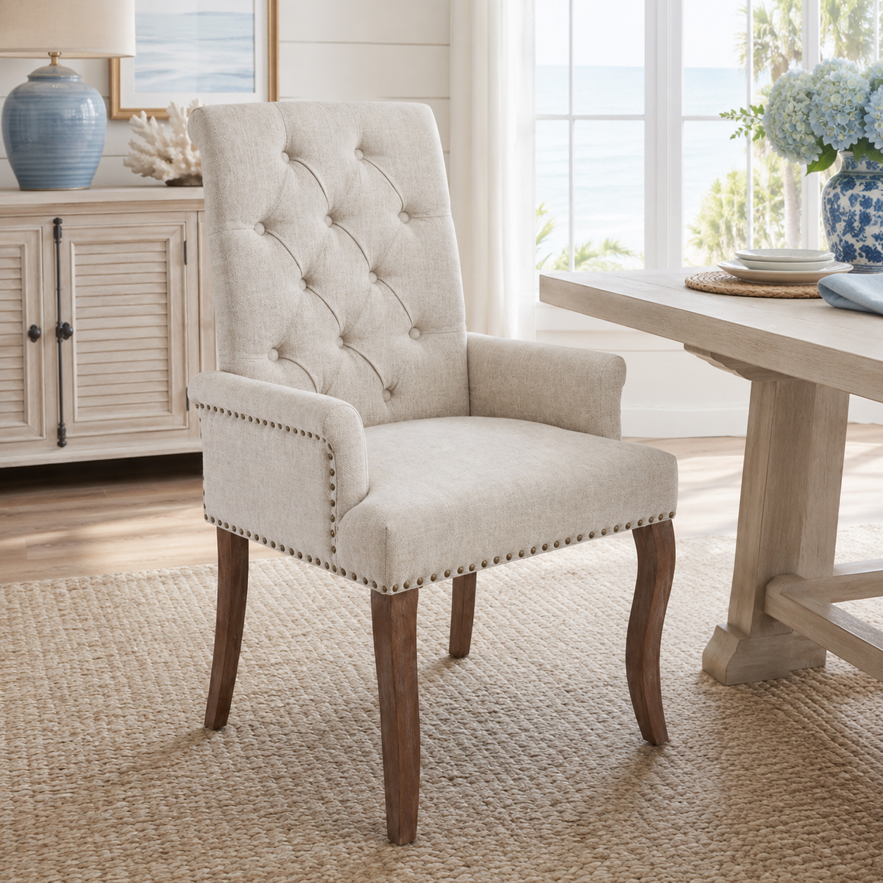Sarine Chenille Tufted Dining Chair with Roll Top Back and Curved Wood Legs