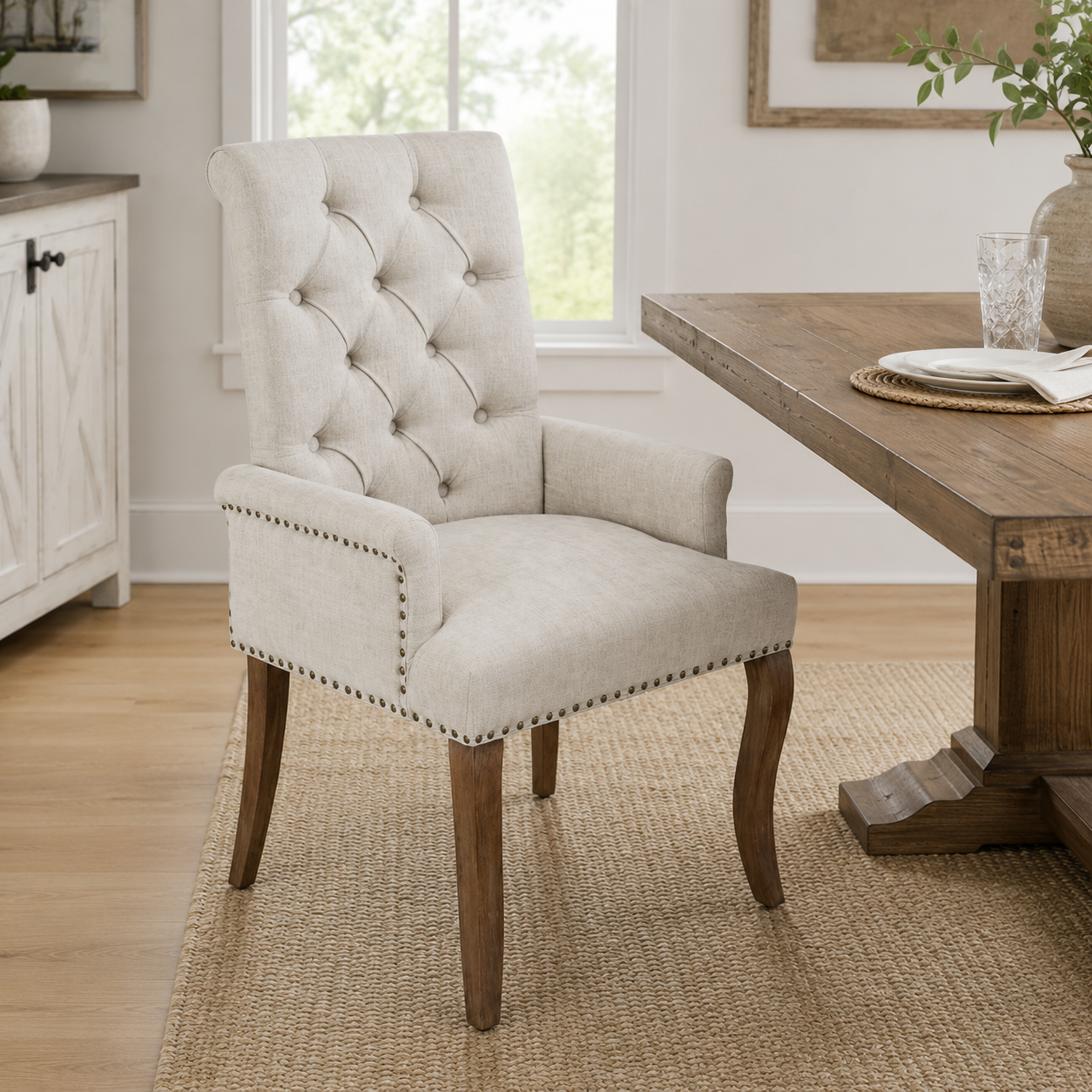 Sarine Chenille Tufted Dining Chair with Roll Top Back and Curved Wood Legs