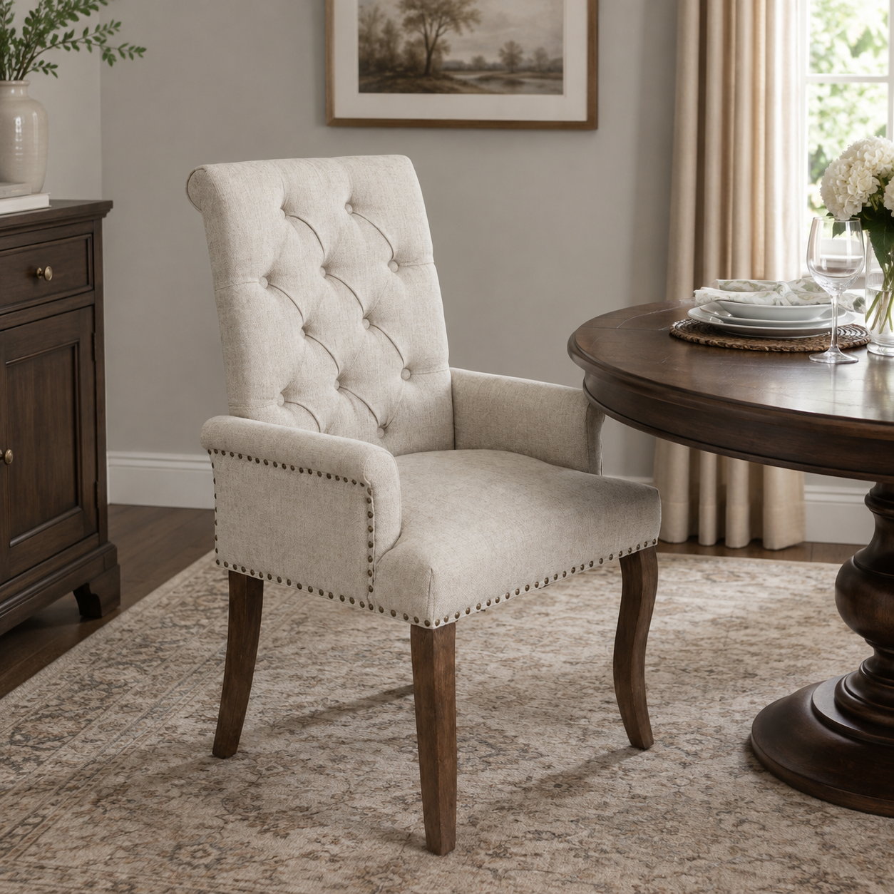 Sarine Chenille Tufted Dining Chair with Roll Top Back and Curved Wood Legs