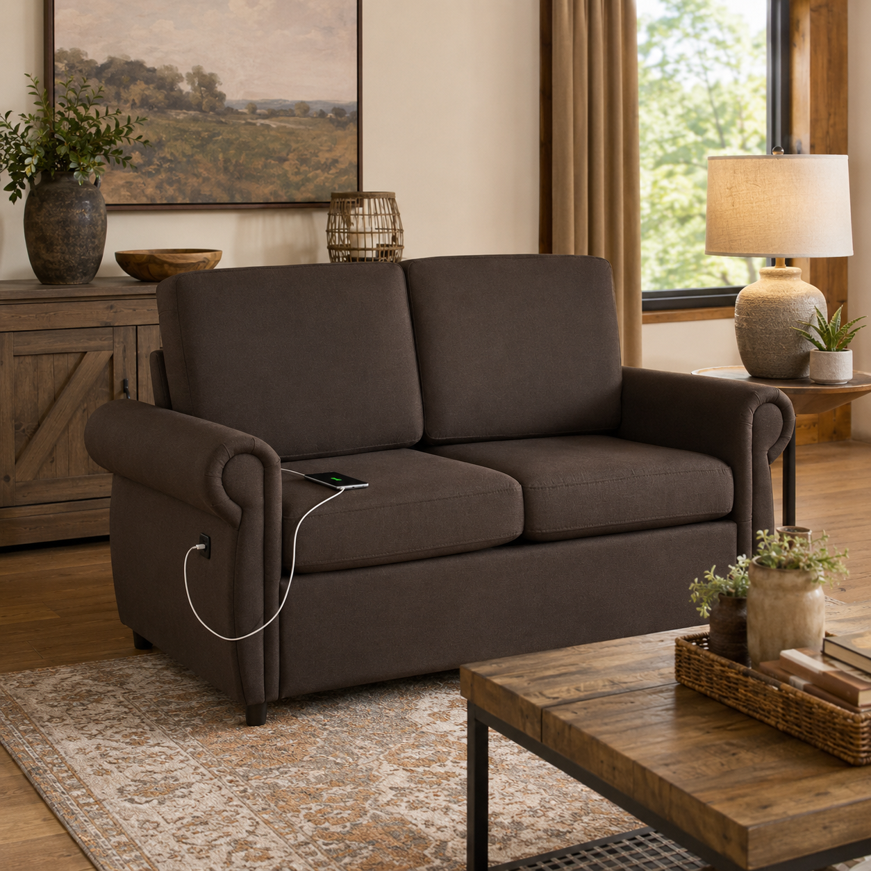 Chula 58" Linen Loveseat Sleeper Sofa with Memory Foam Mattress and USB Ports