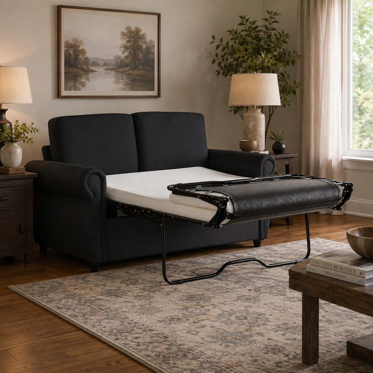 Chula 58" Linen Loveseat Sleeper Sofa with Memory Foam Mattress and USB Ports