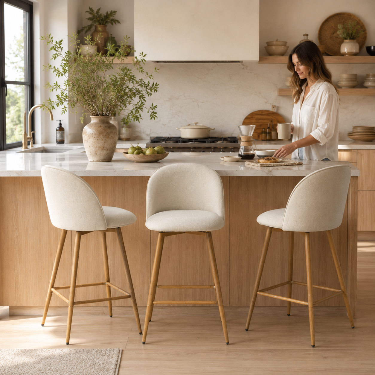 HASEEB 26" Swivel Counter Height Bar Stools Set of 3 with Performance Fabric