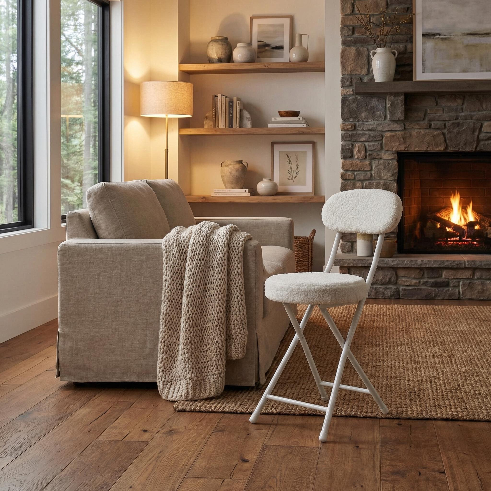 Homy Casa Ernst 4PC Faux Fur Upholstered Folding Chair Padded Seat Space Saving Foldable Accent Chair, Beige